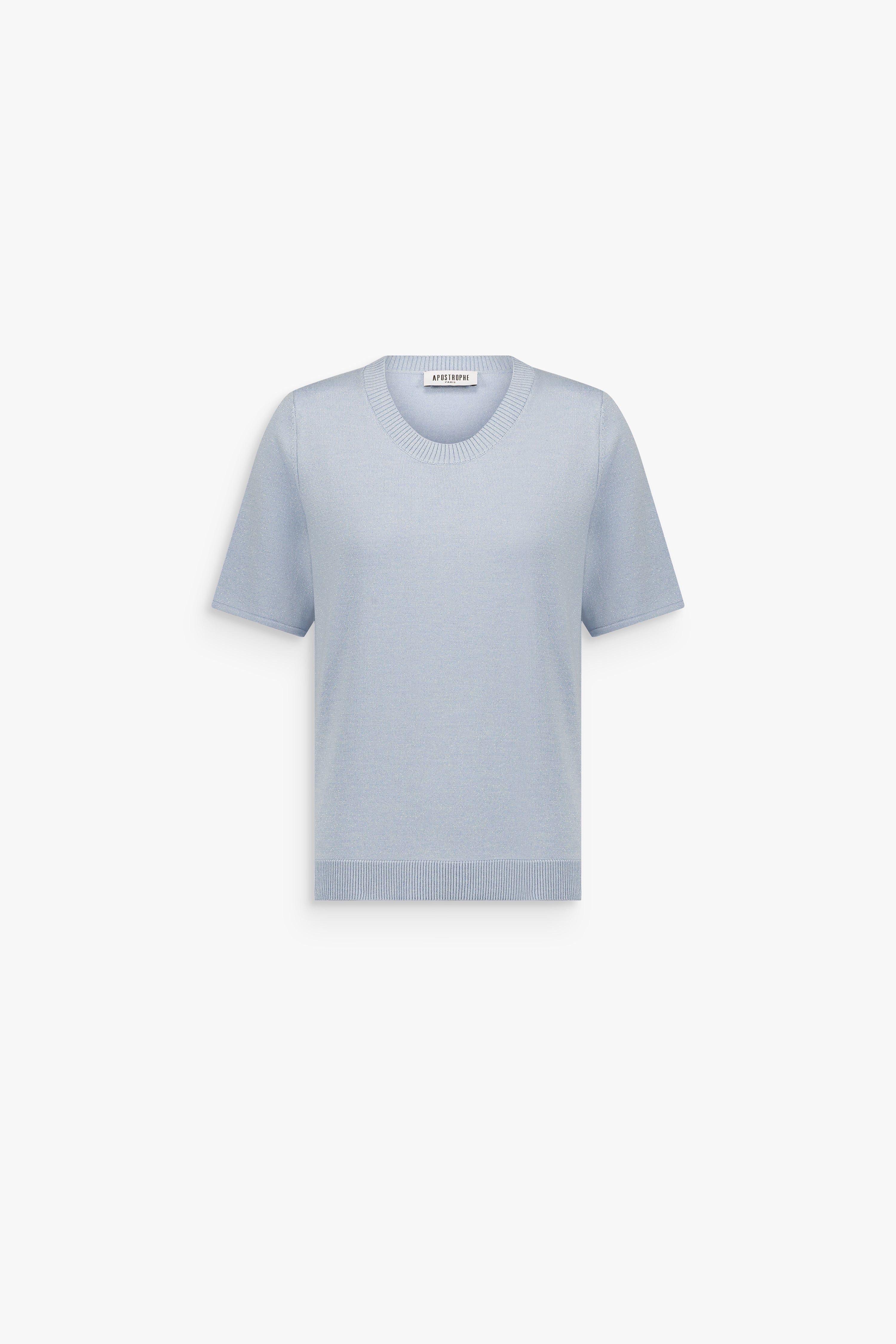 Top droit bleu denim en laine mérinos et lurex, à col rond, manches courtes et détails en strass.