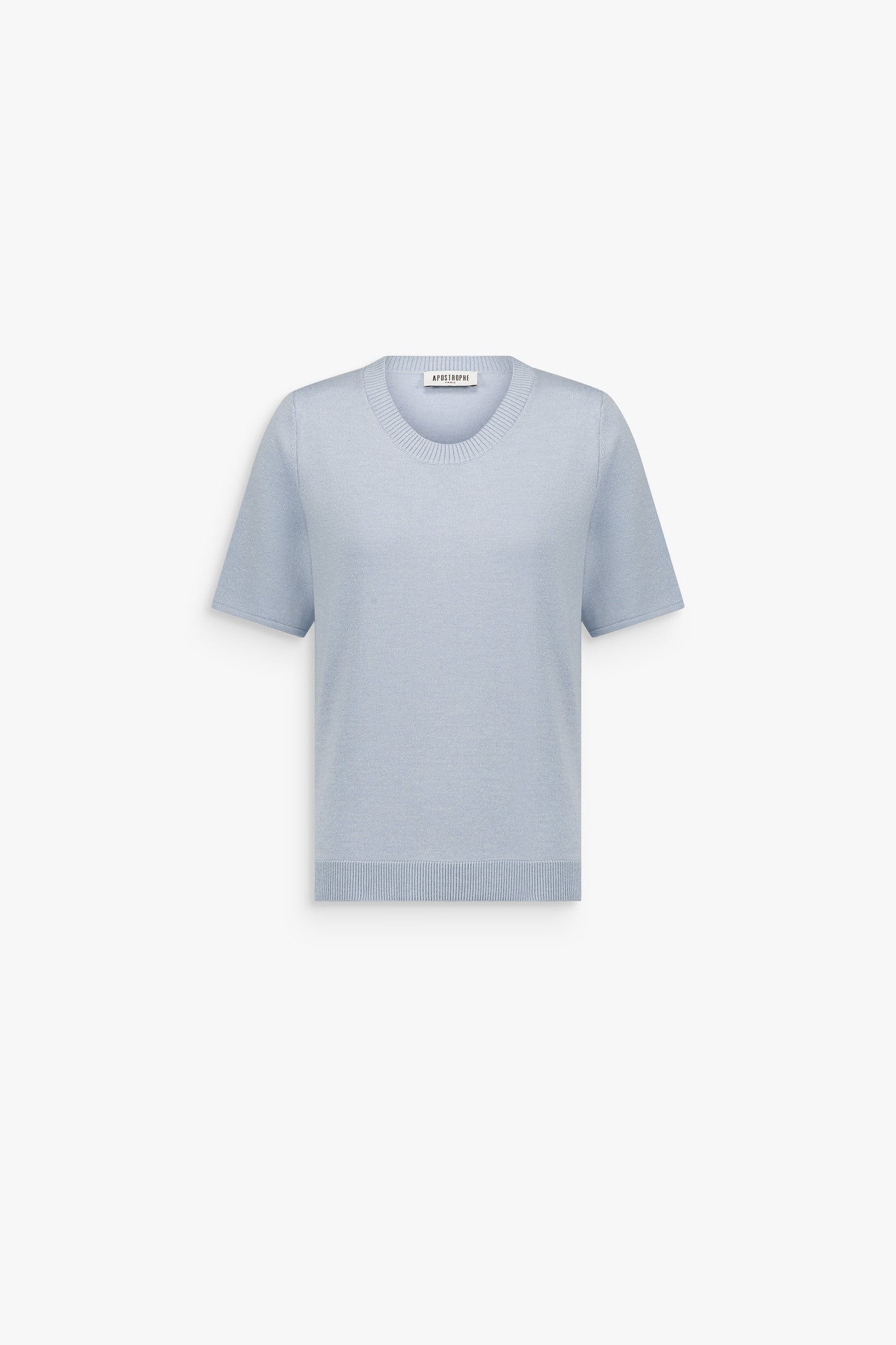 Top droit bleu denim en laine mérinos et lurex, à col rond, manches courtes et détails en strass.