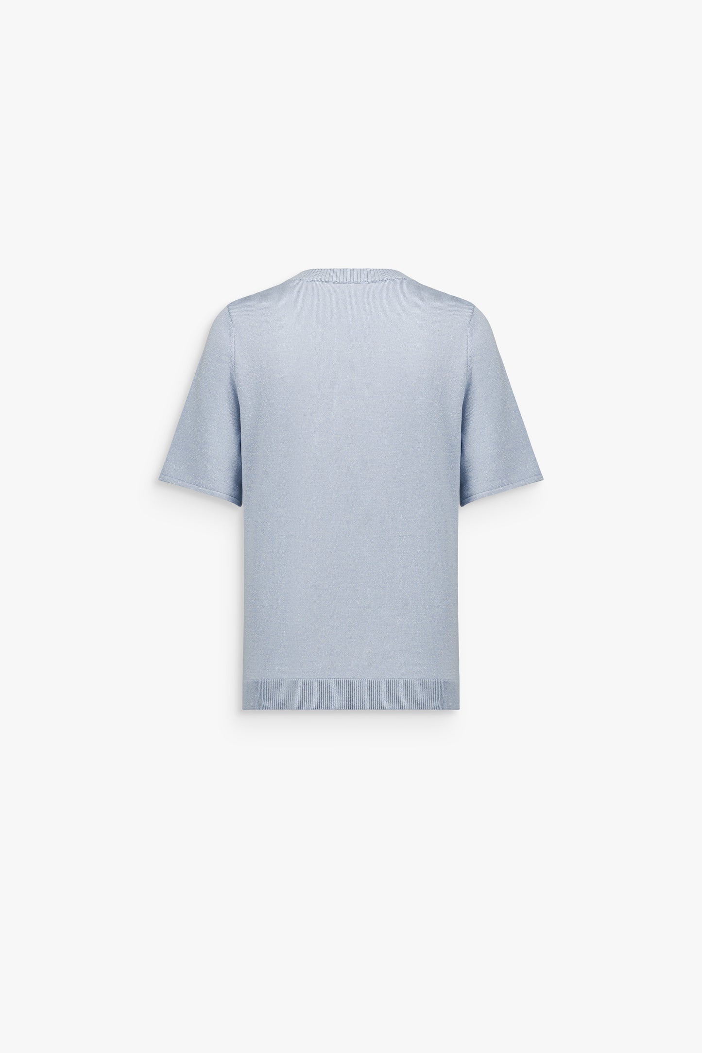 Top droit bleu denim en laine mérinos et lurex, à col rond, manches courtes et détails en strass.