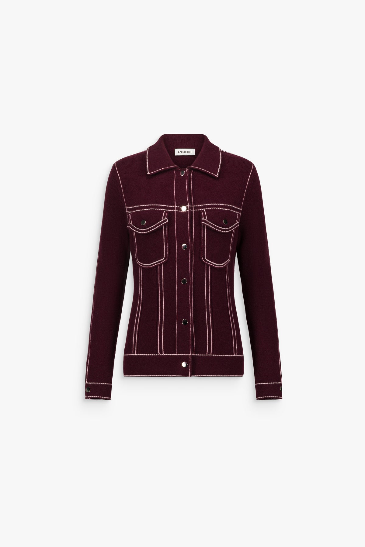 Veste cachemire à surpiqûres contrastées grenat