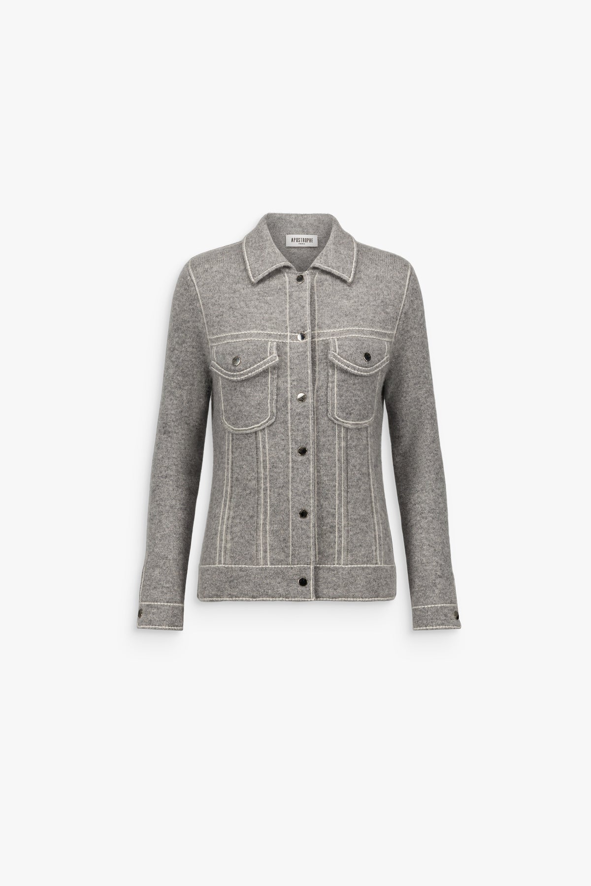 Veste en cachemire à surpiqûres contrastées gris moyen