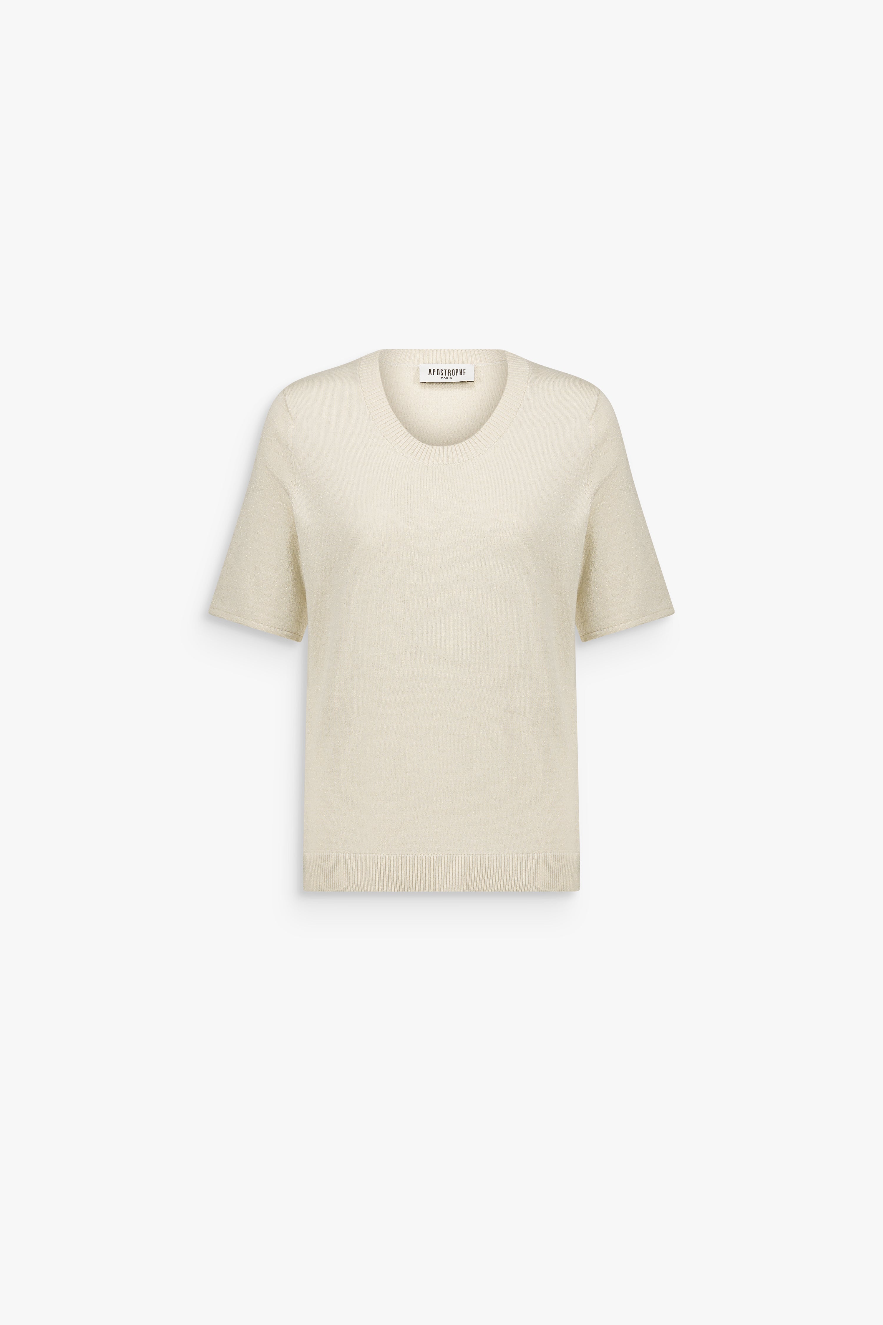 Top droit blanc cassé en laine mérinos et lurex, à col rond, manches courtes et détails en strass.