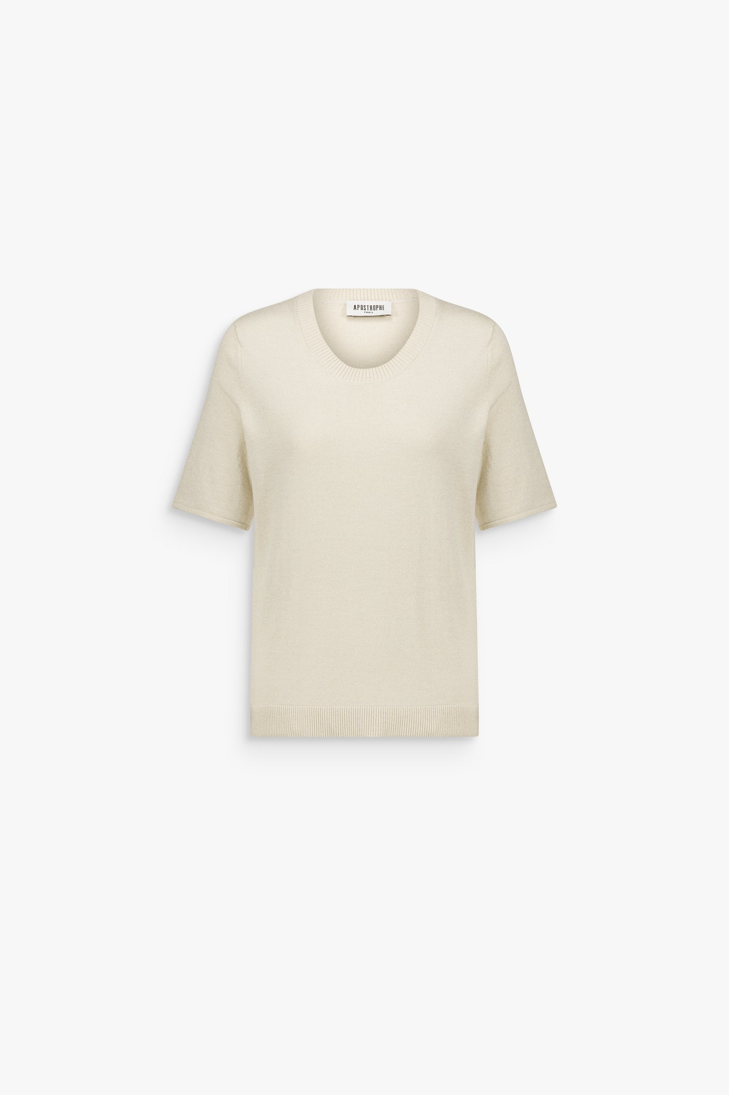 Top droit blanc cassé en laine mérinos et lurex, à col rond, manches courtes et détails en strass.
