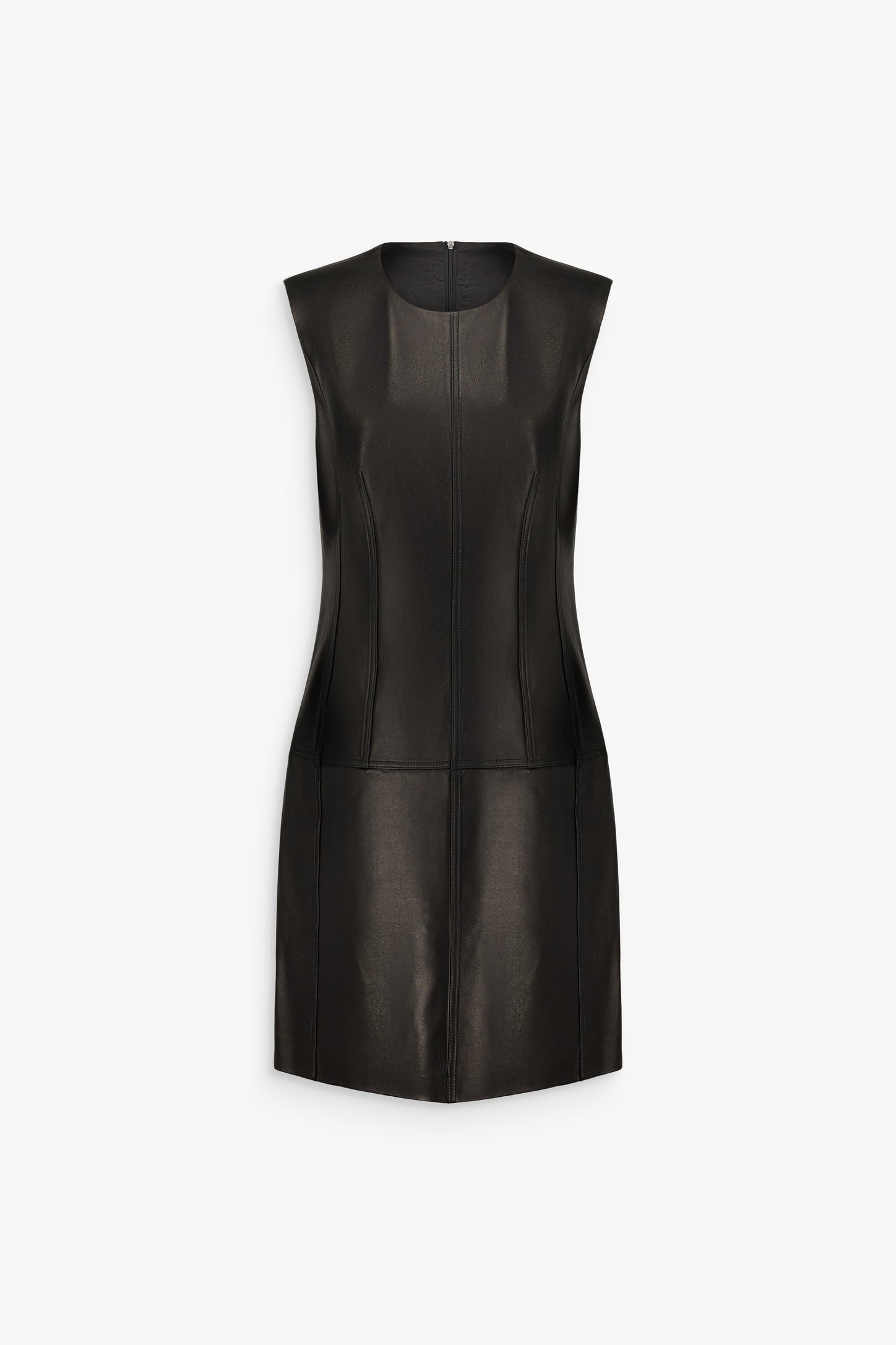 Robe droite sans manches en cuir d’agneau noir, à encolure ronde, découpes verticales et taille structurée.