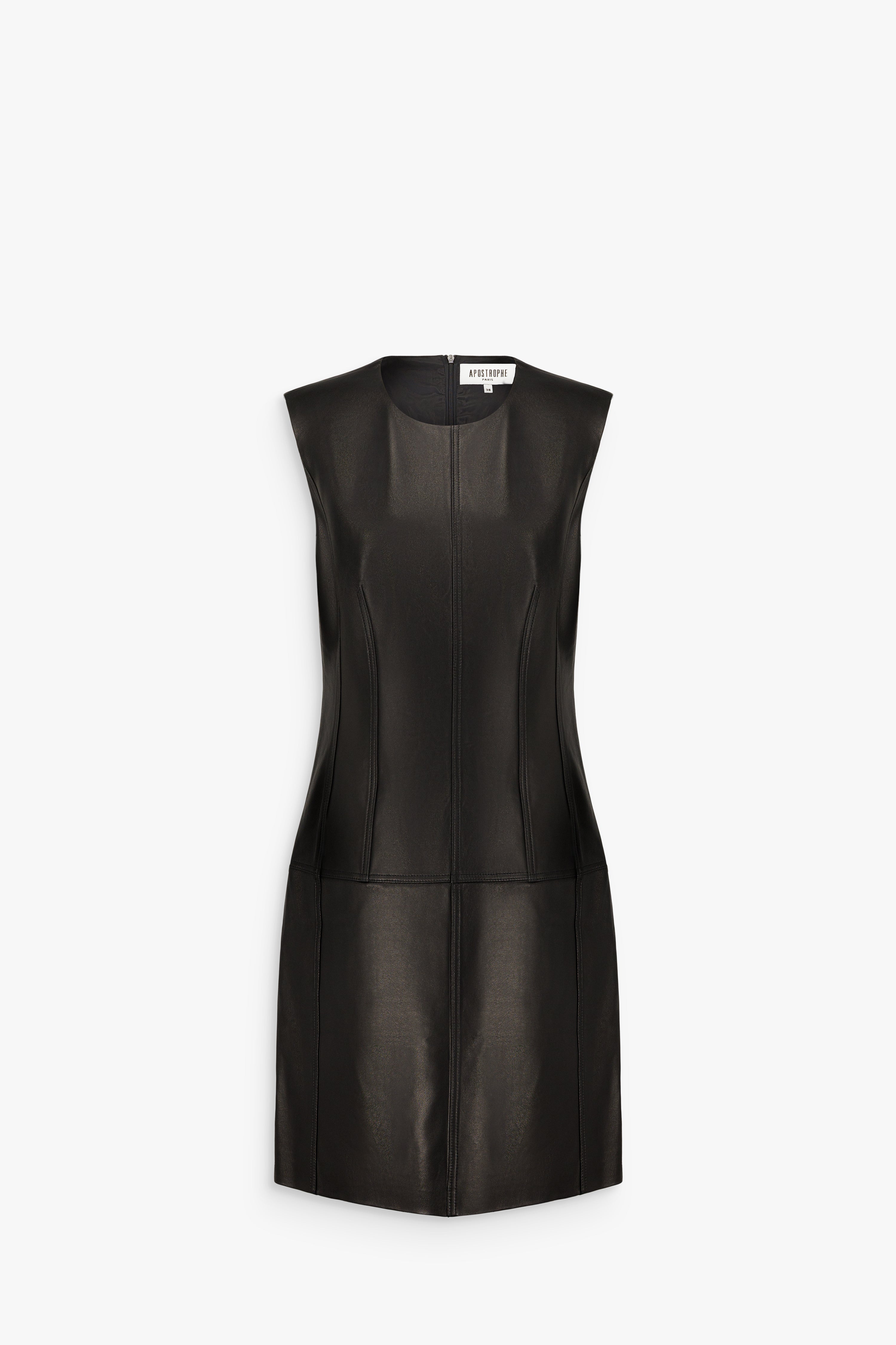 Robe droite à encolure ronde en cuir d’agneau noir