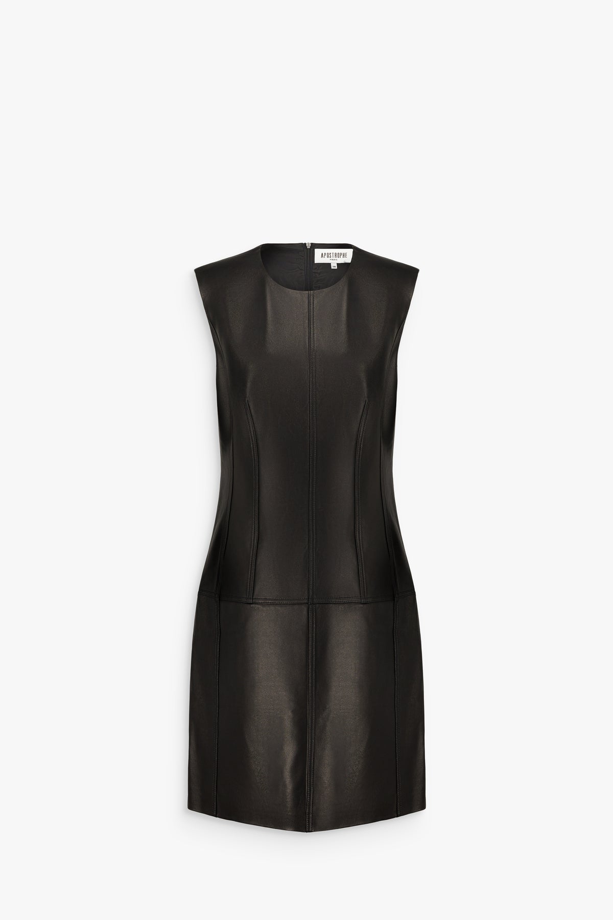 Robe droite à encolure ronde en cuir d’agneau noir