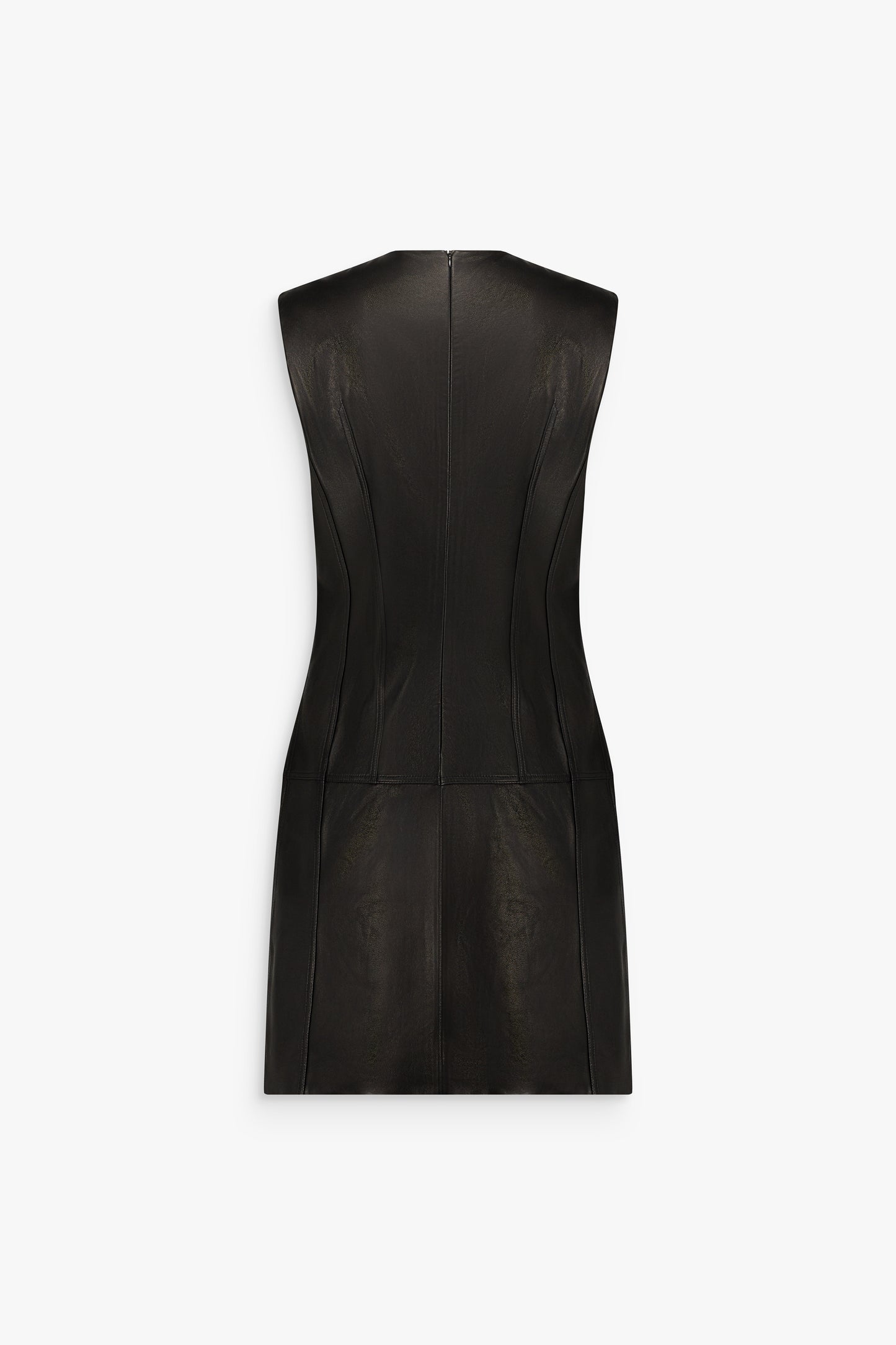 Robe droite sans manches en cuir d’agneau noir, à encolure ronde, découpes verticales et taille structurée.