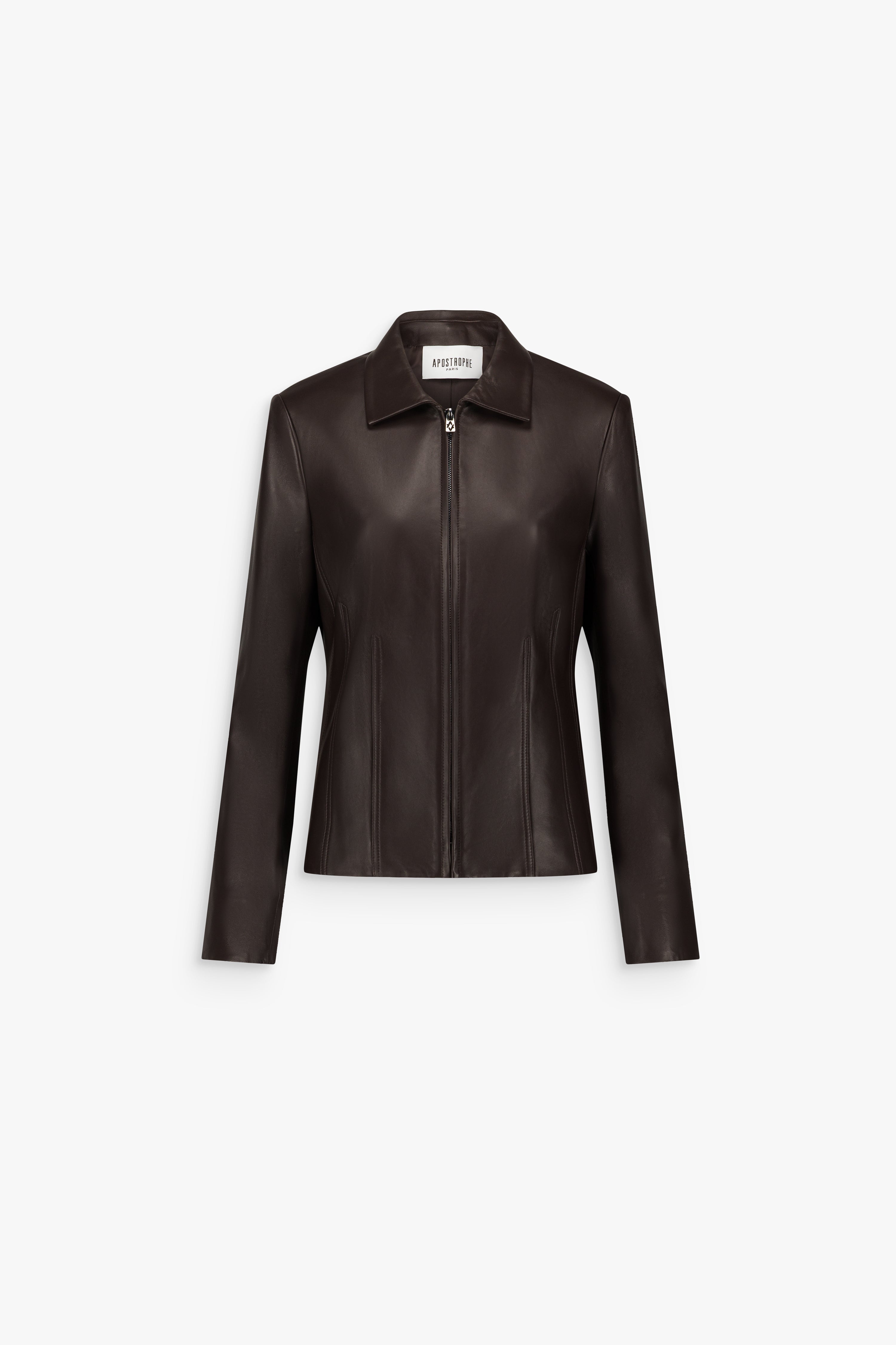 Veste courte à col chemise en cuir marron foncé