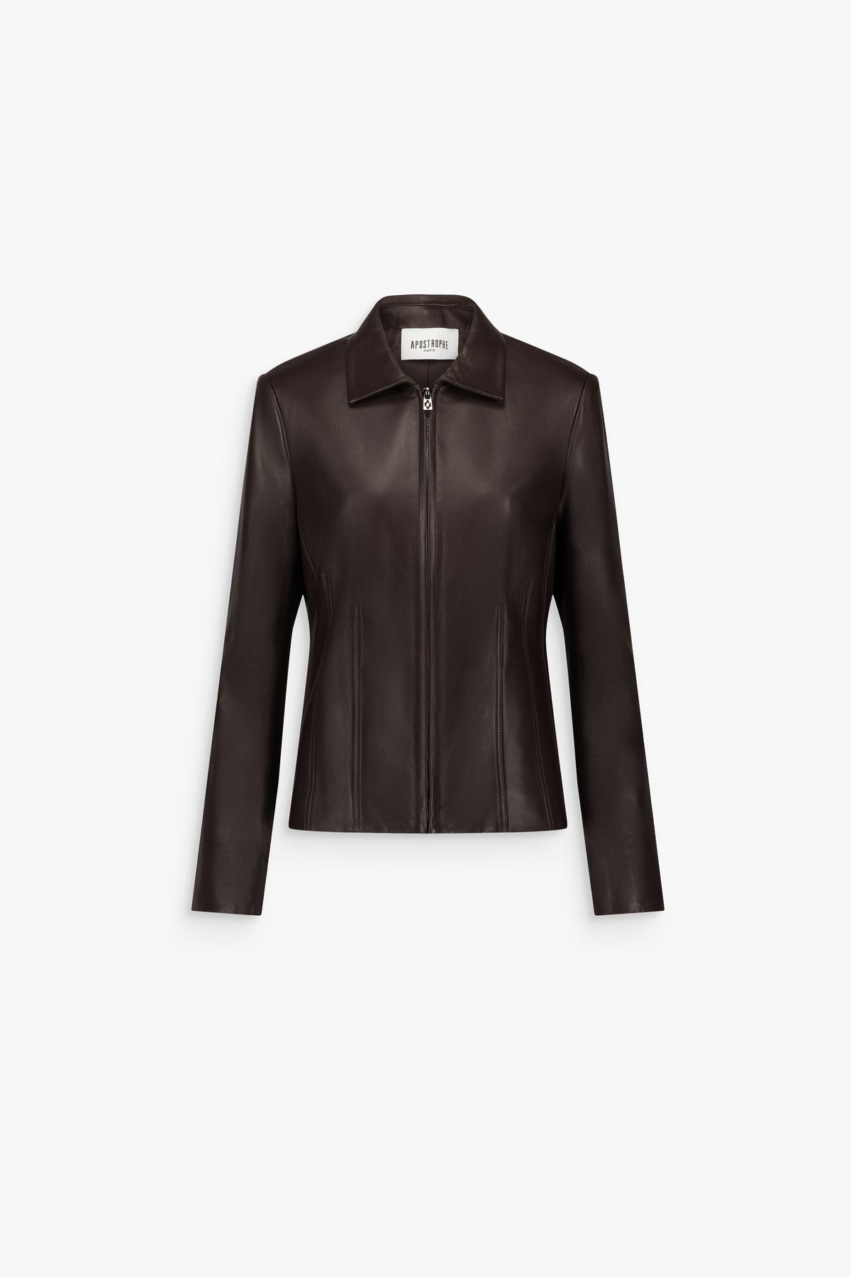 Veste courte à col chemise en cuir marron foncé