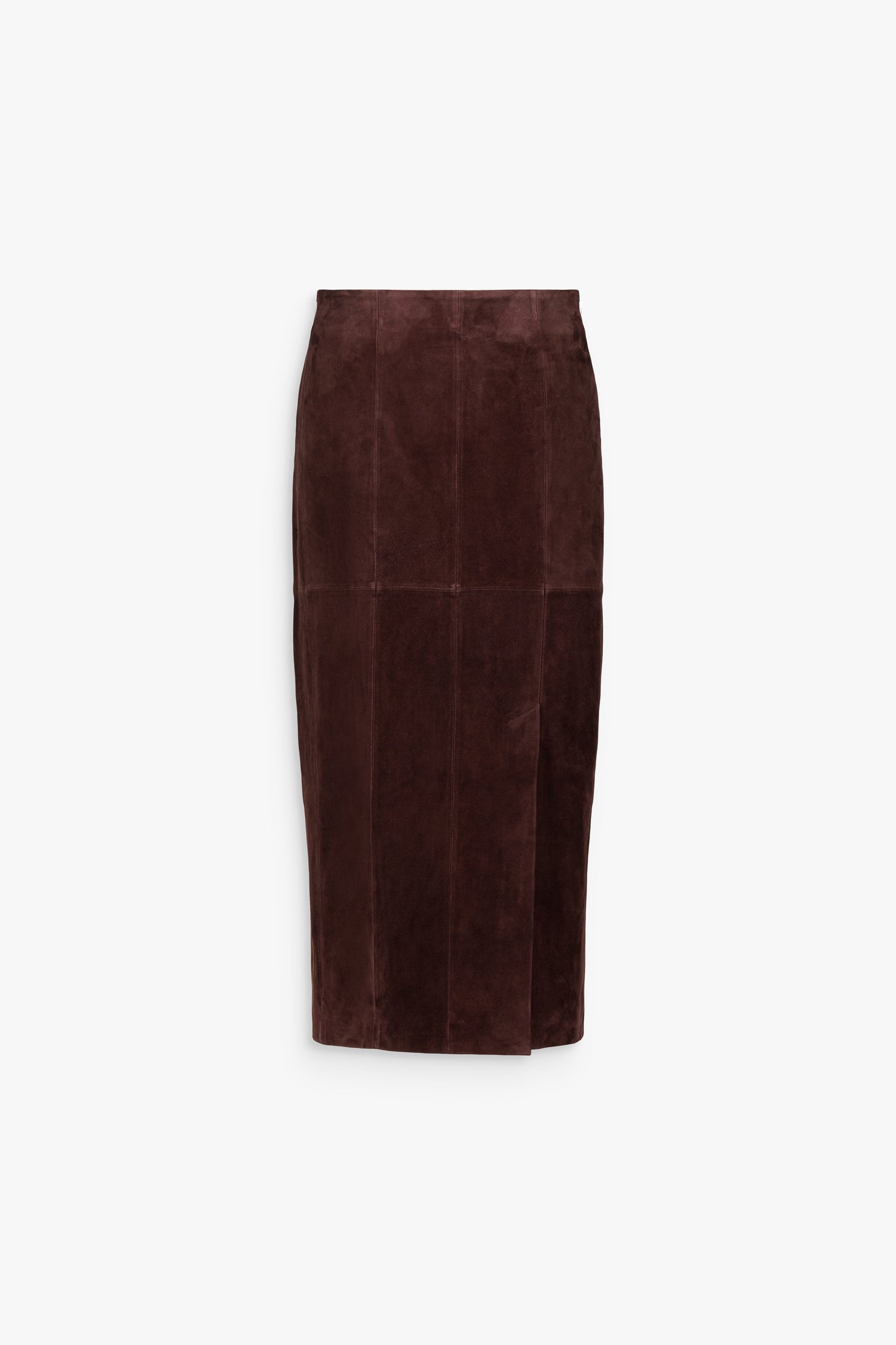 Jupe longue droite en daim grenat, à taille haute, coutures verticales et fermeture zippée invisible sur le côté.