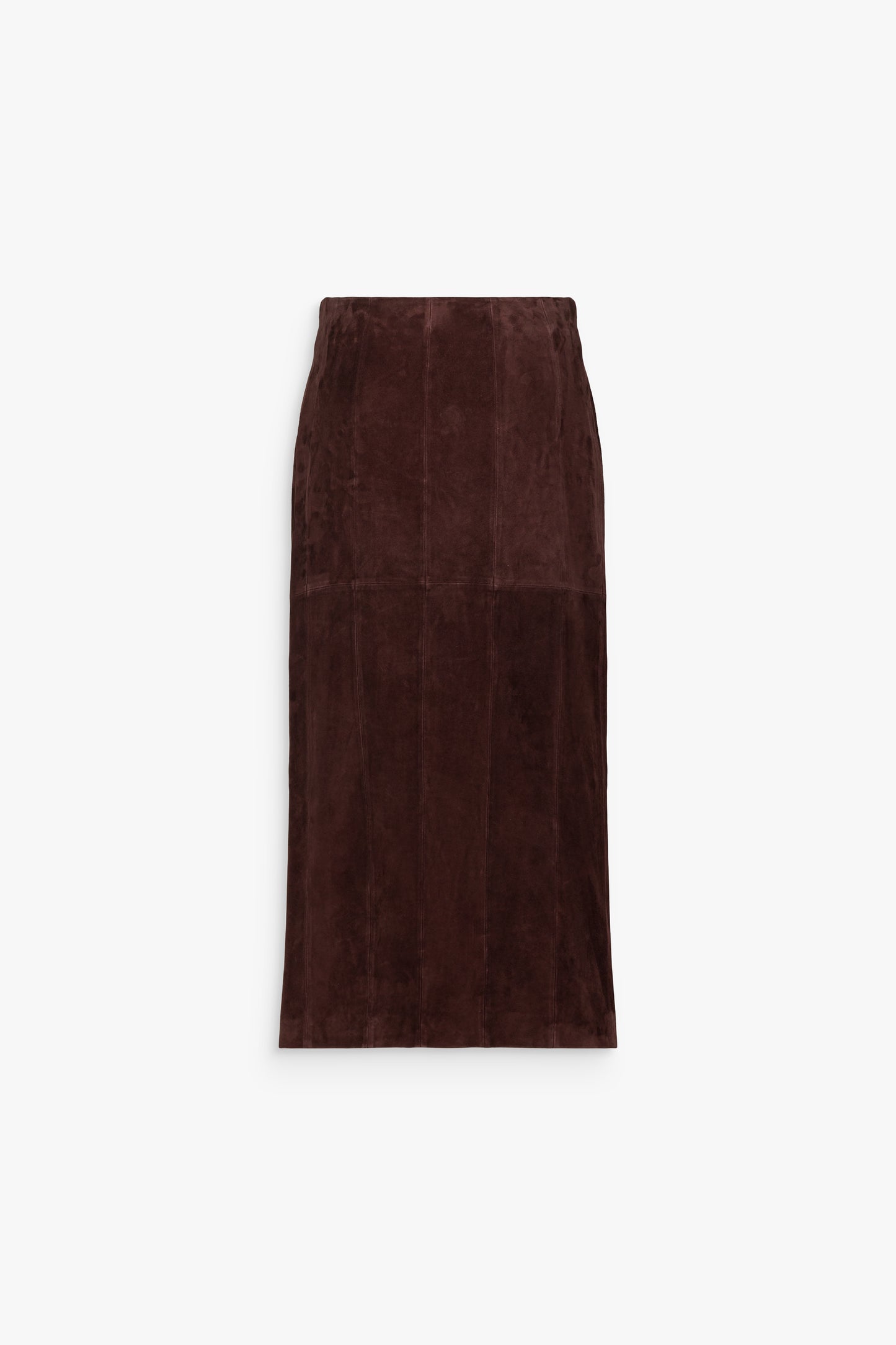 Jupe longue droite en daim grenat, à taille haute, coutures verticales et fermeture zippée invisible sur le côté.