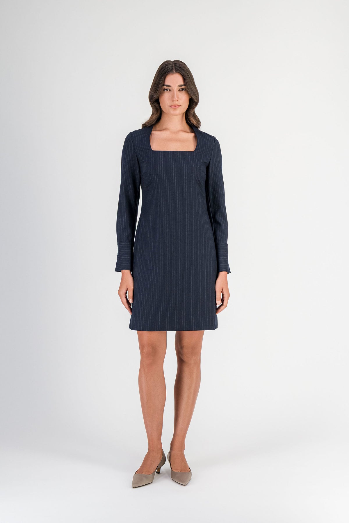 Robe droite en laine rayée marine