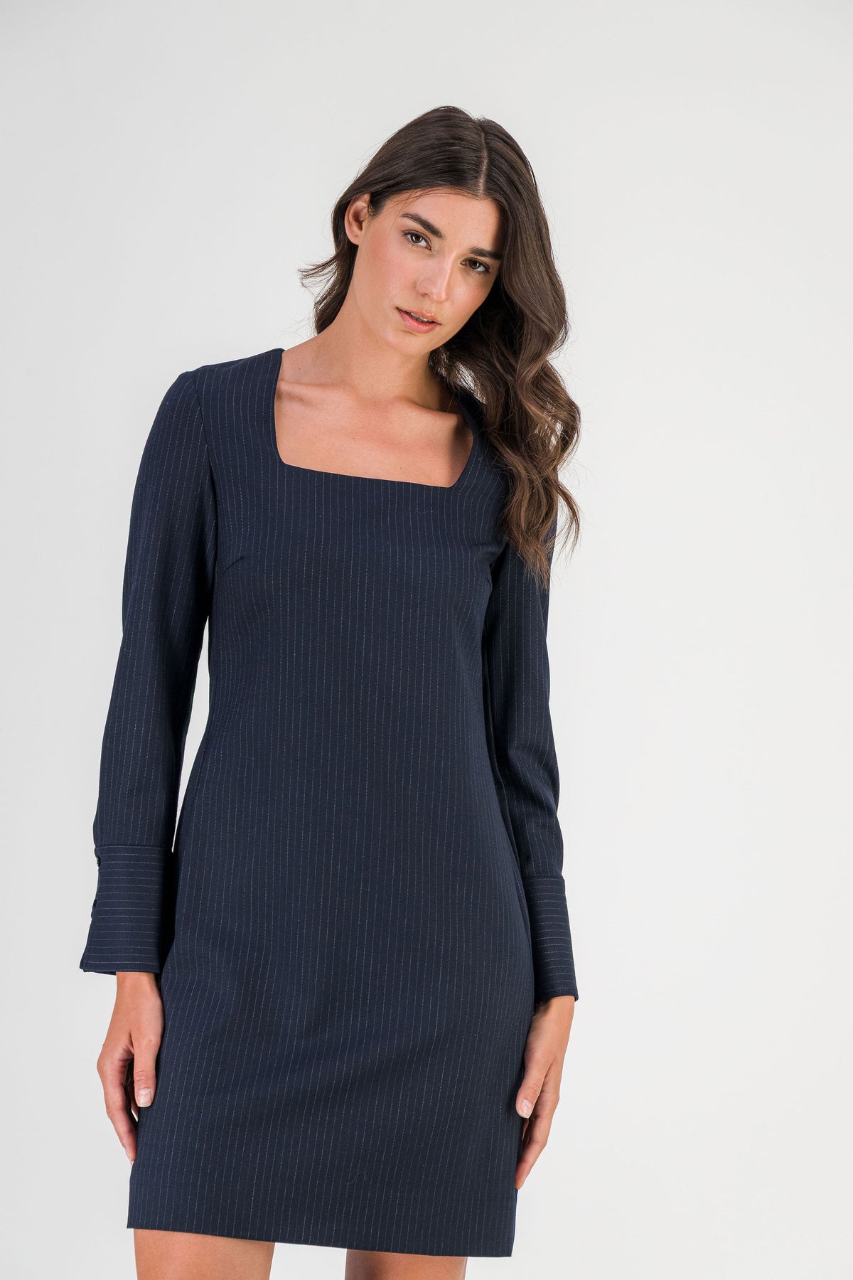 Robe droite en laine rayée marine