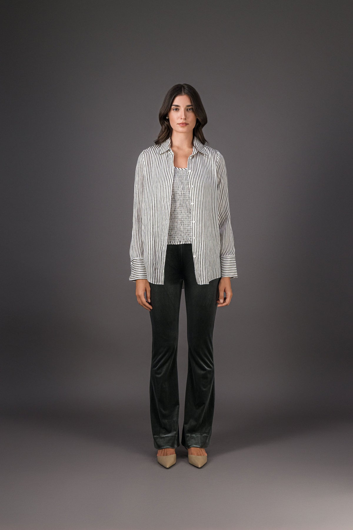 Chemise rayée en soie kaki