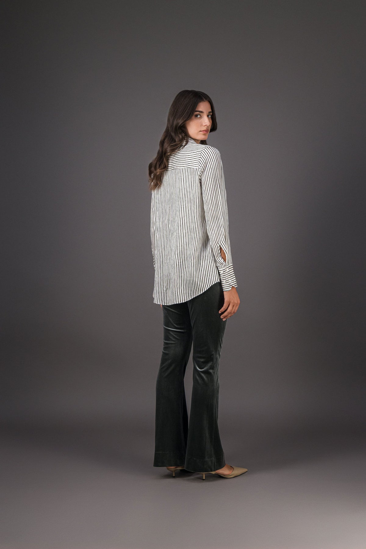 Chemise rayée en soie kaki