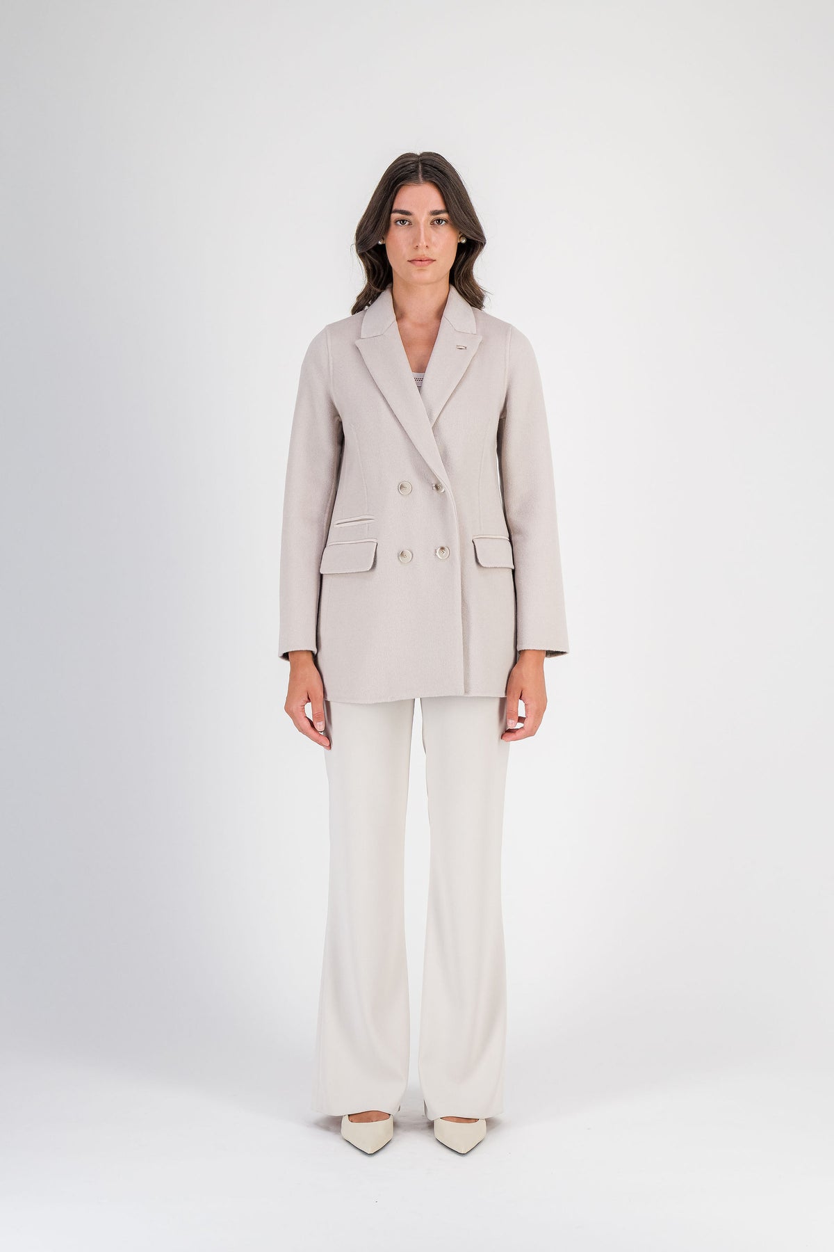 Manteau croisé ajusté en laine et cachemire béton