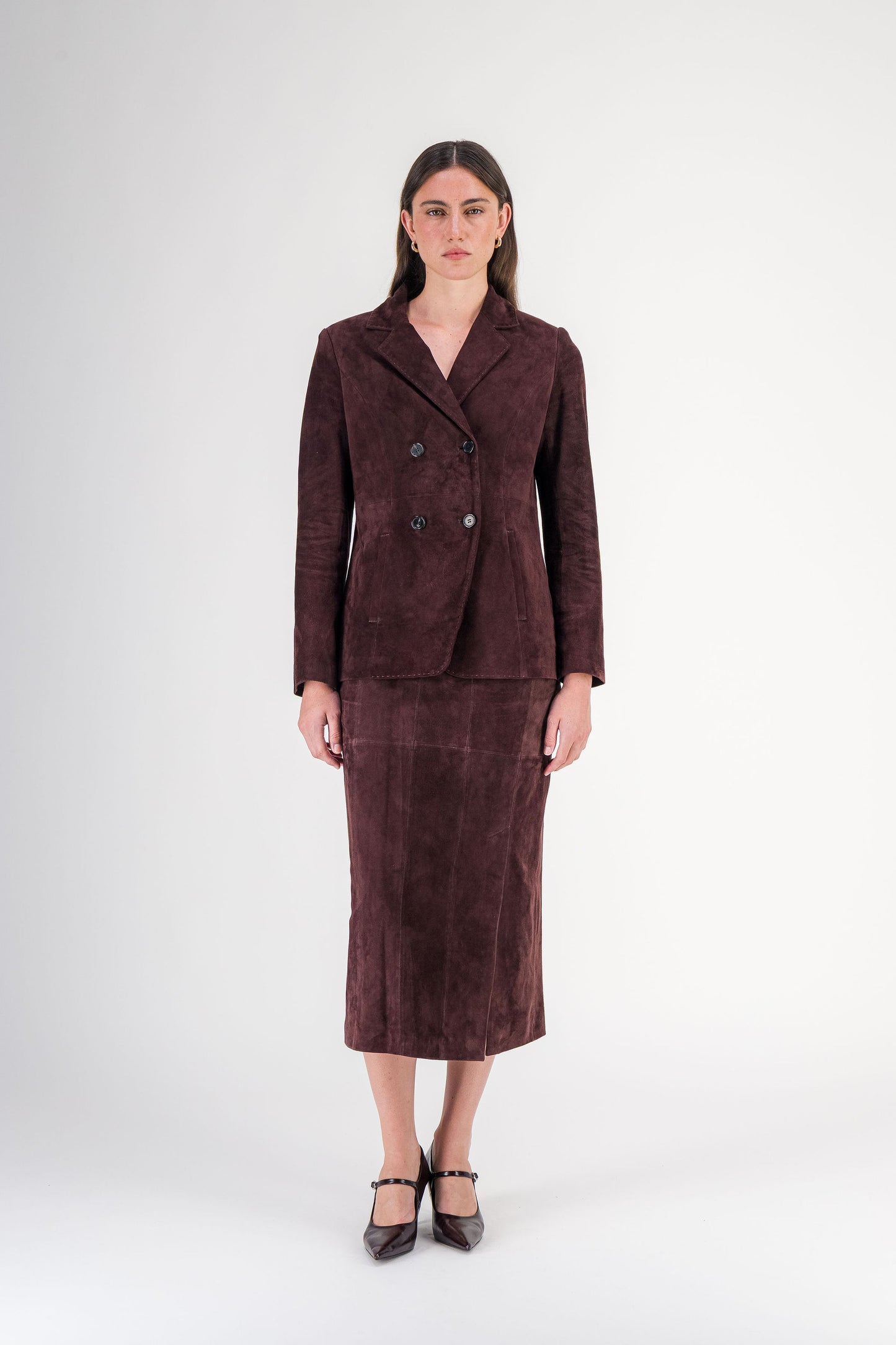 Veste droite croisée à revers crantés en daim grenat