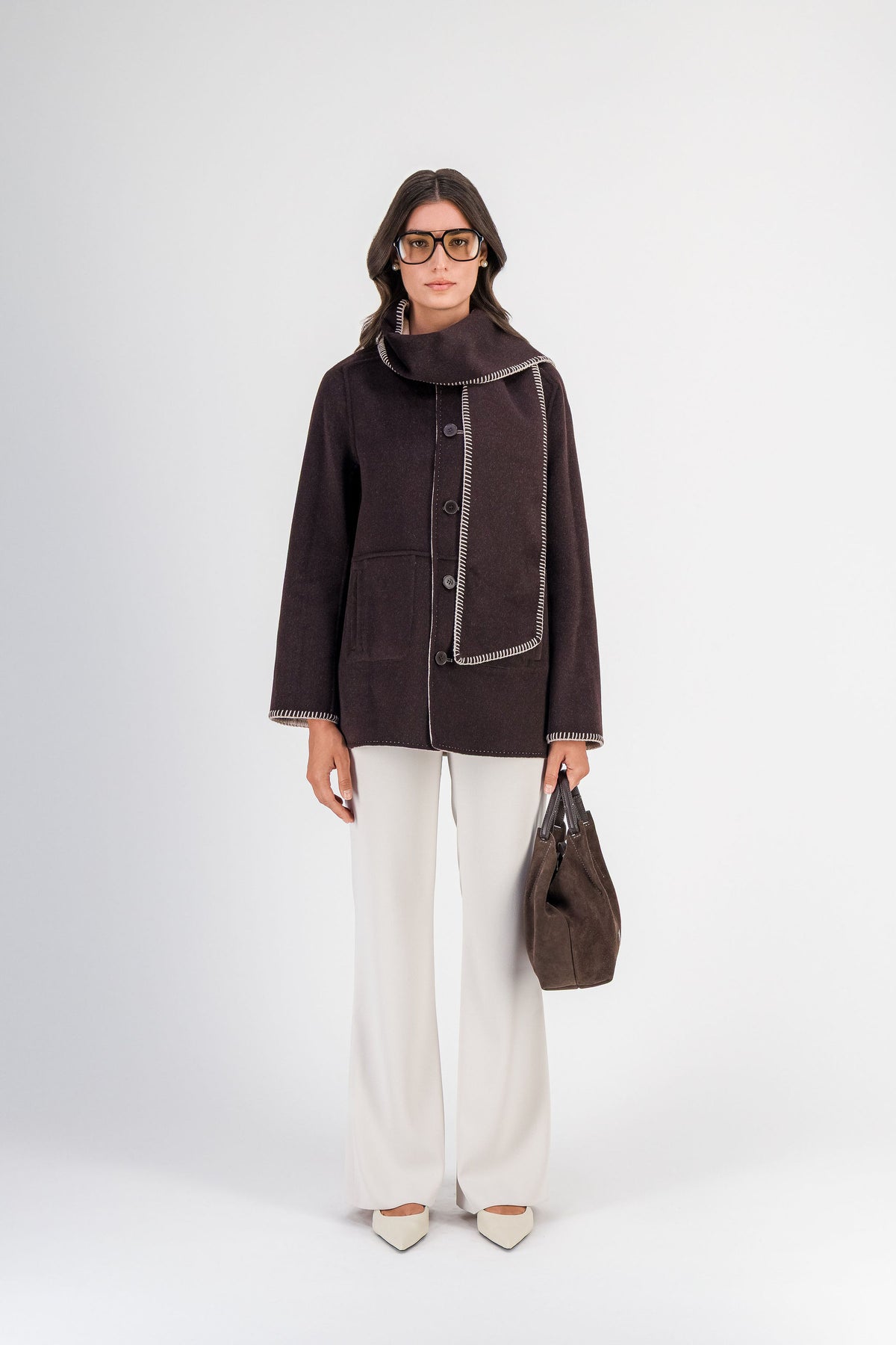 Manteau court à écharpe en laine et cachemire beige clair