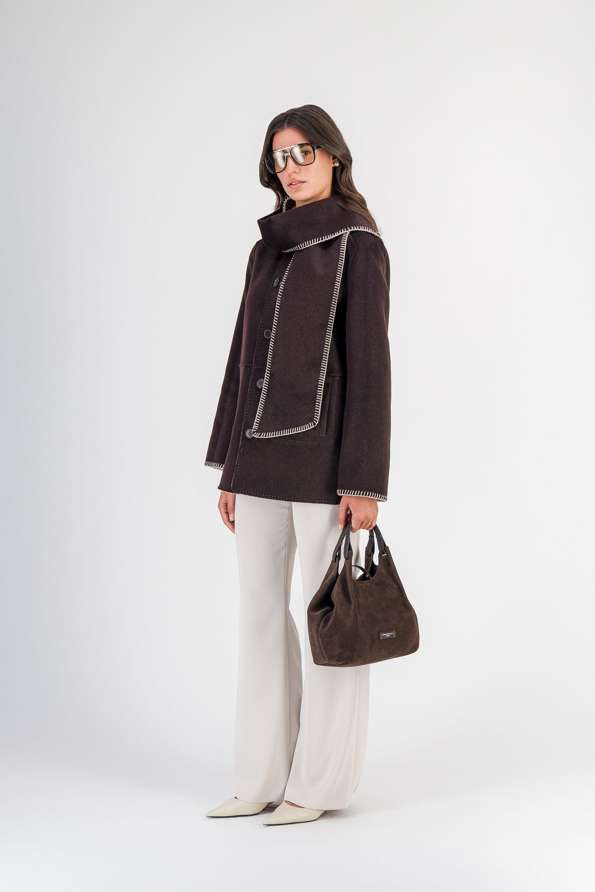 Manteau court à écharpe en laine et cachemire beige clair