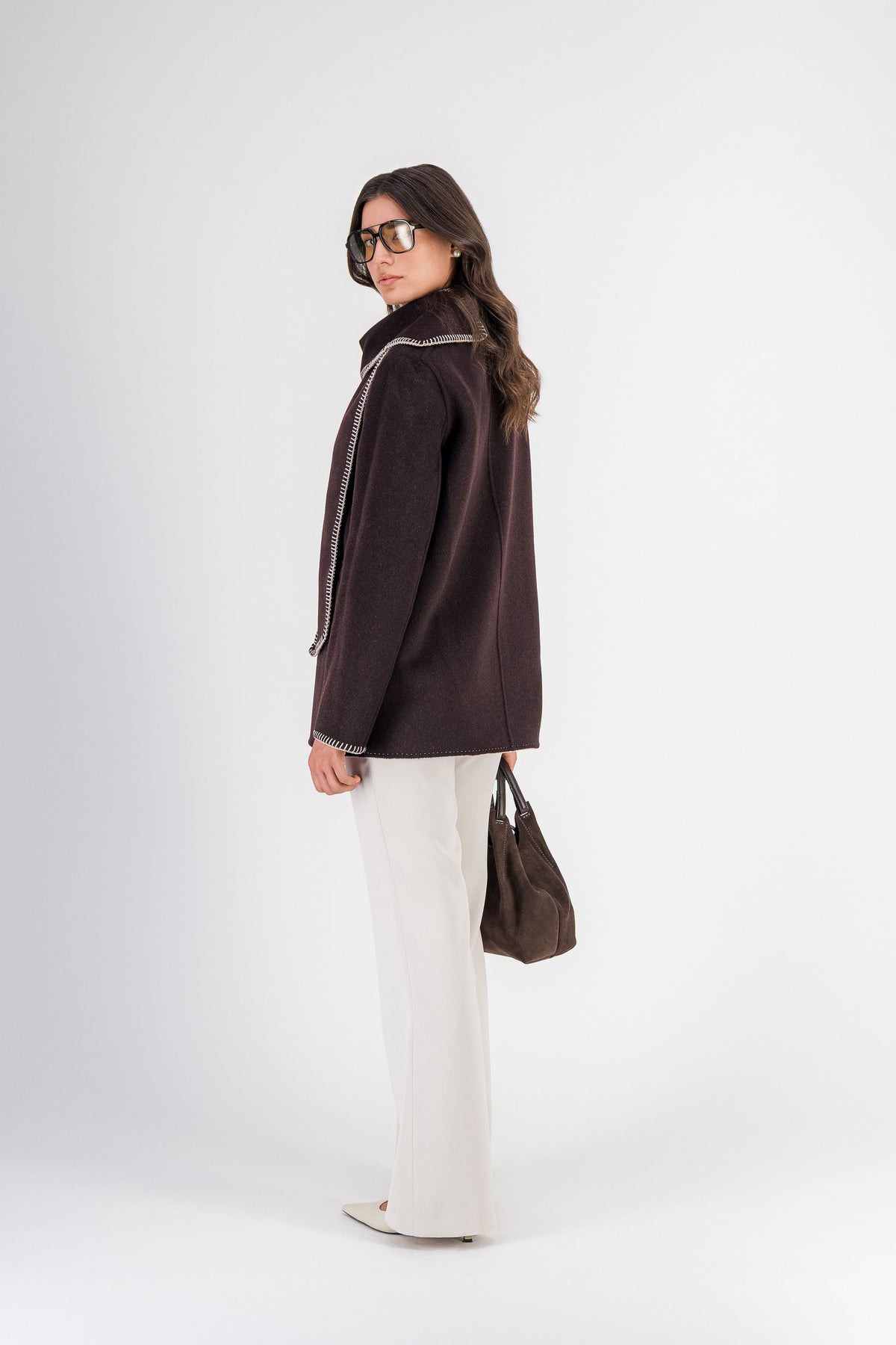 Manteau court à écharpe en laine et cachemire beige clair