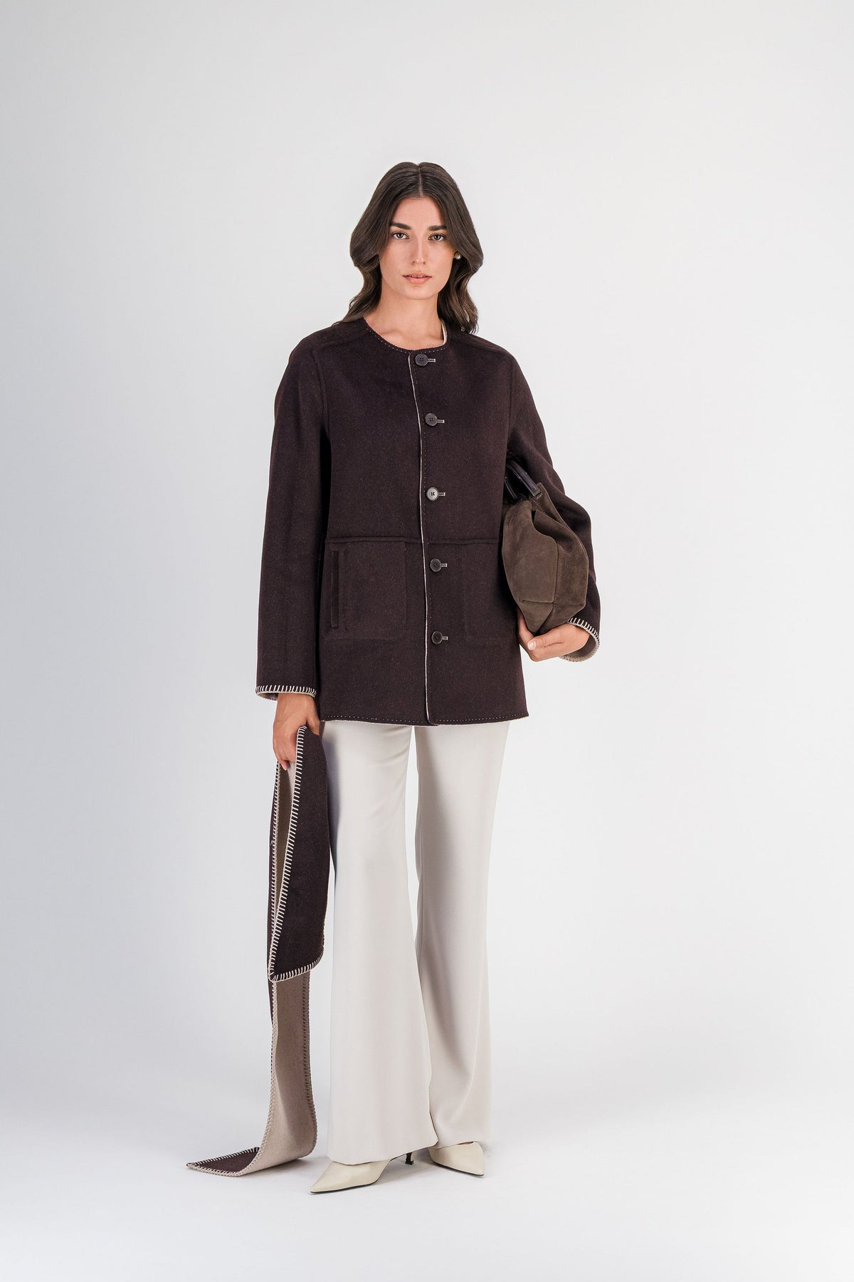 Manteau court à écharpe en laine et cachemire beige clair