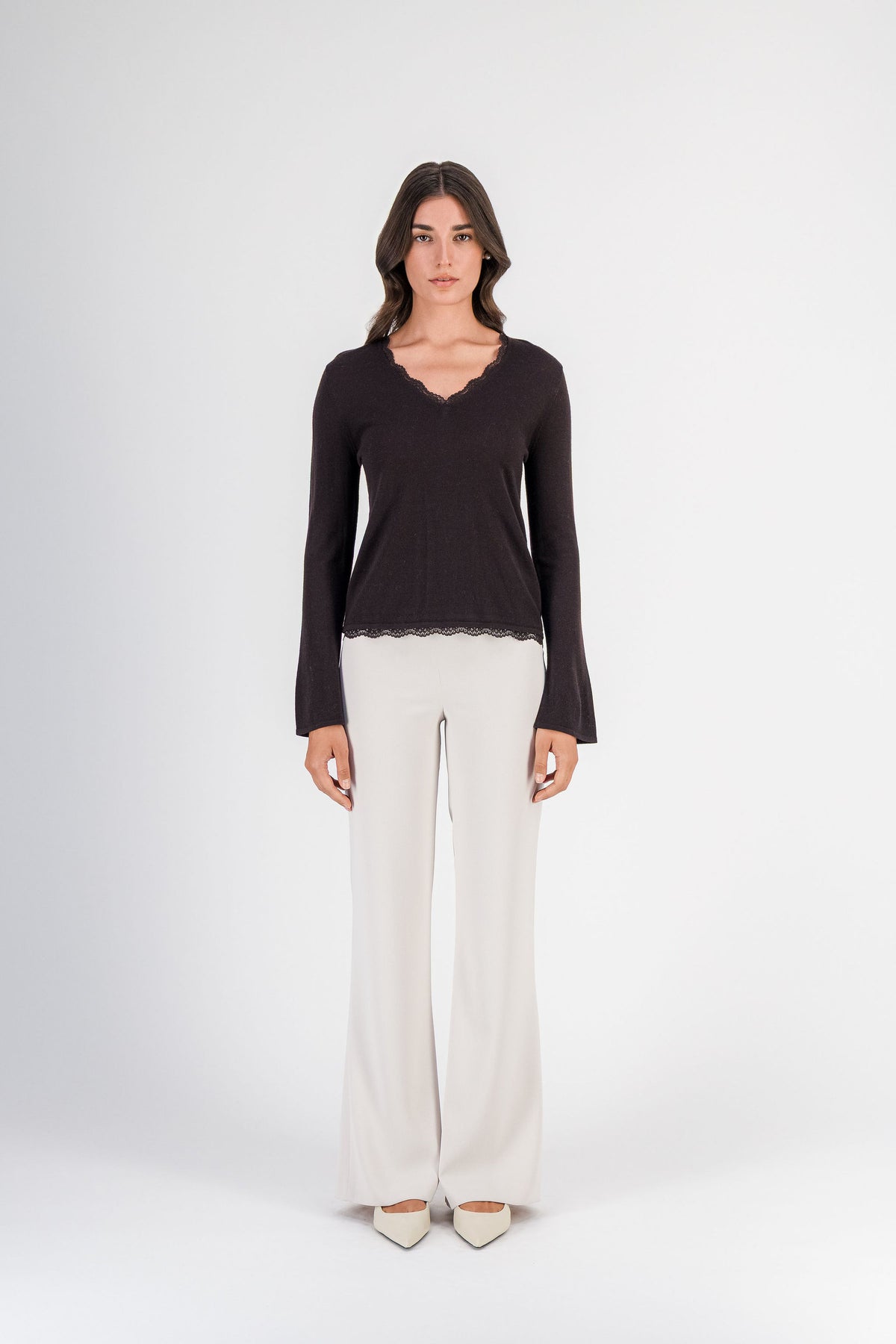 Top en mérinos bordé de dentelle marron foncé