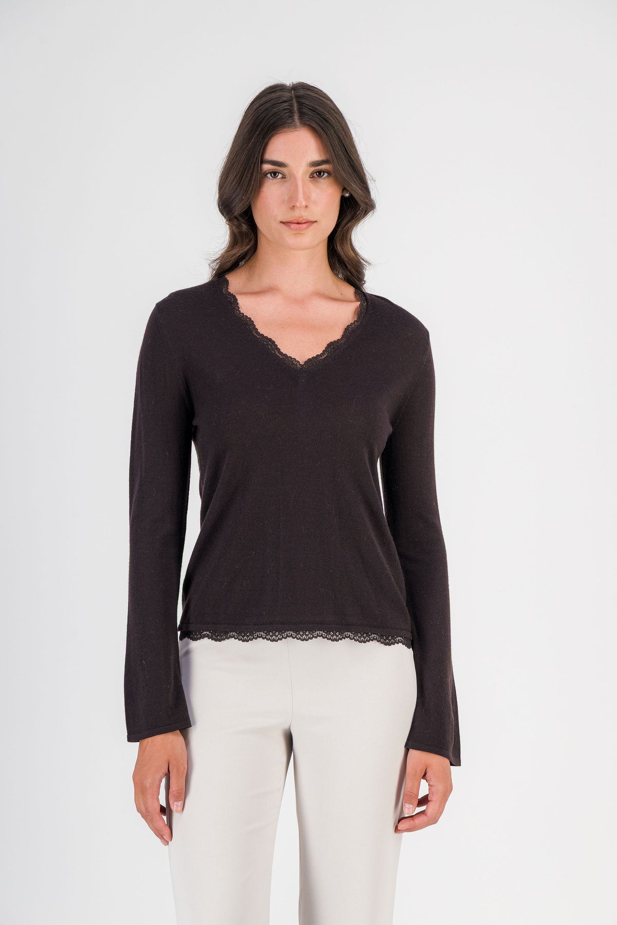 Top en mérinos bordé de dentelle marron foncé