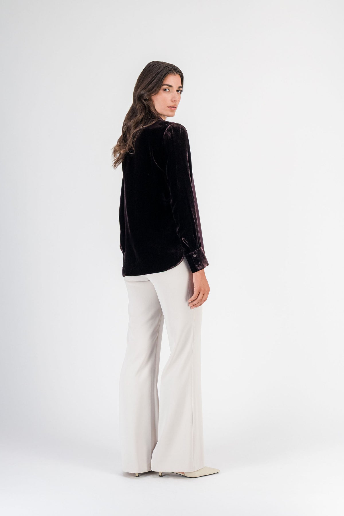 Chemise bi-matière soie et velours grenat
