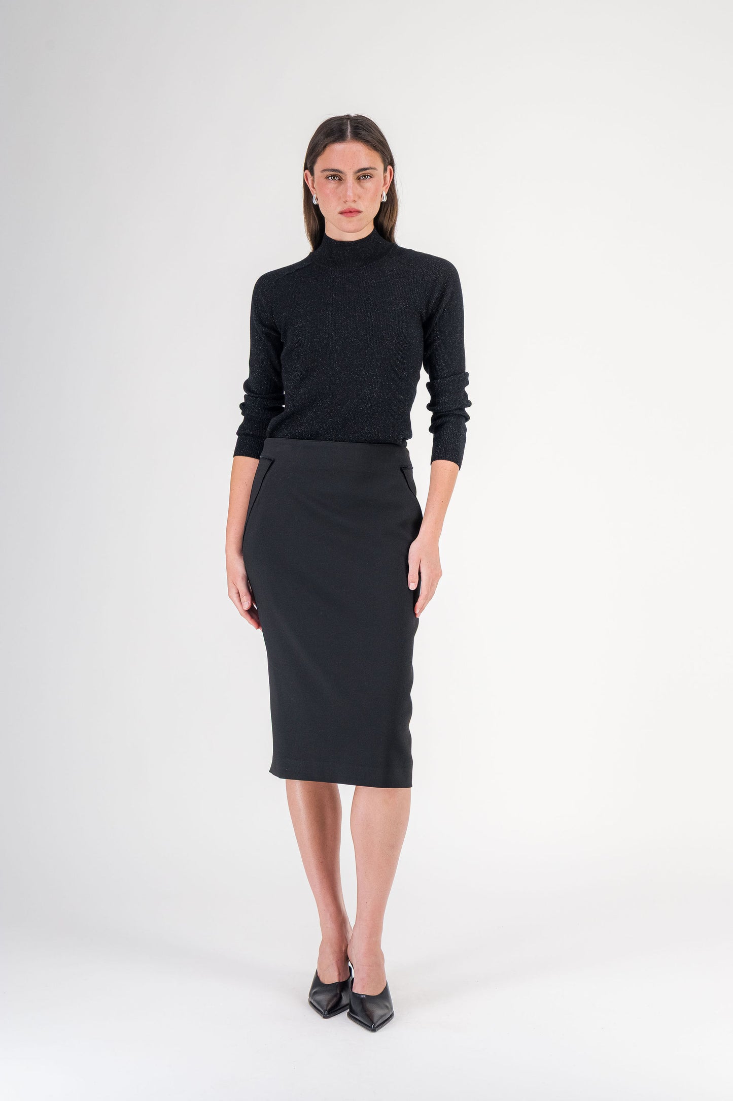 Jupe droite taille haute à découpes en tissu stretch noire