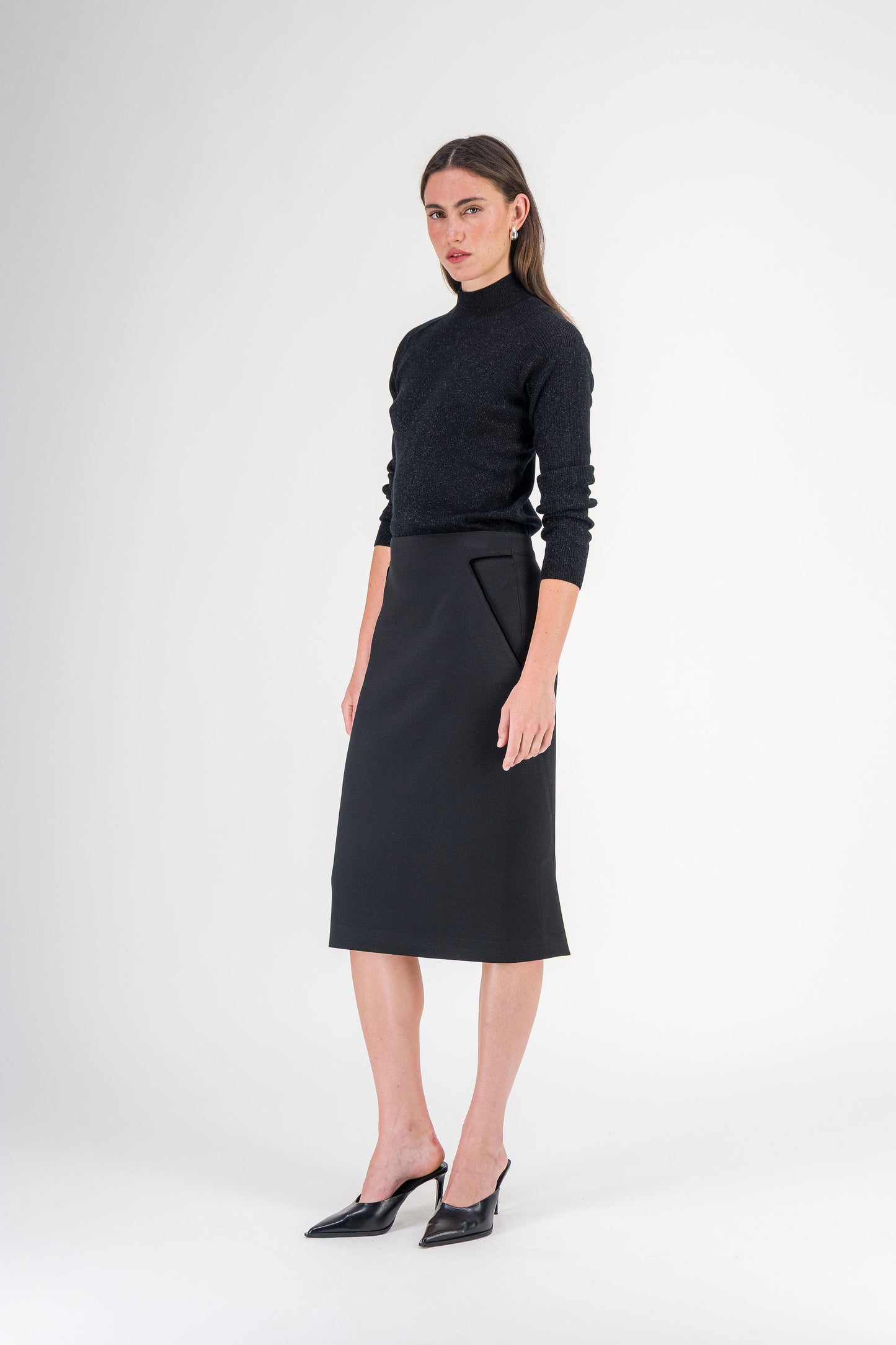 Jupe droite taille haute à découpes en tissu stretch noire