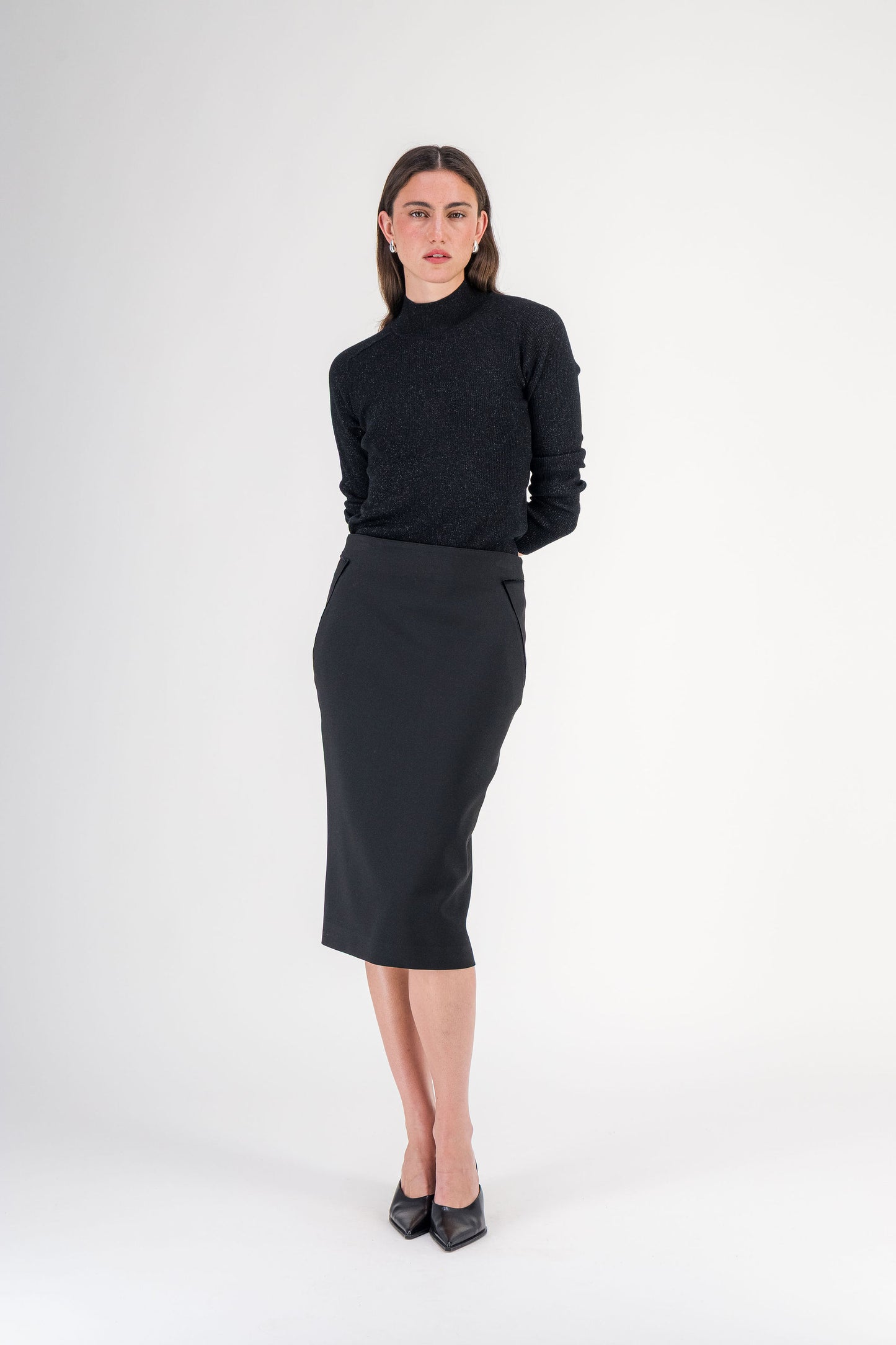 Jupe droite taille haute à découpes en tissu stretch noire