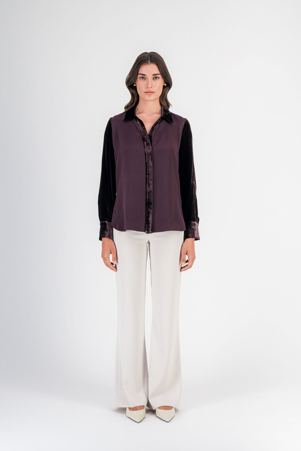 Chemise bi-matière soie et velours grenat