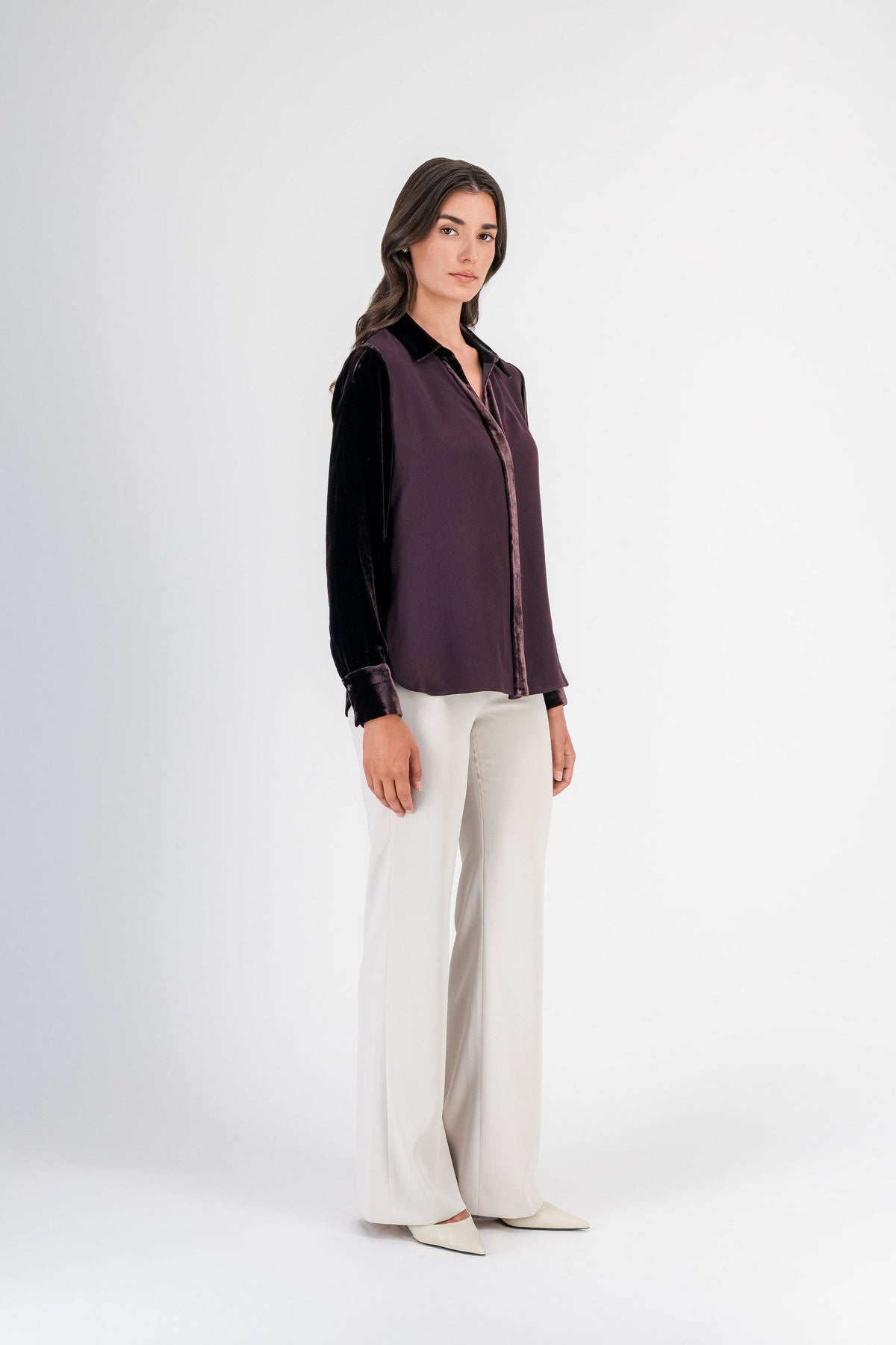 Chemise bi-matière soie et velours grenat