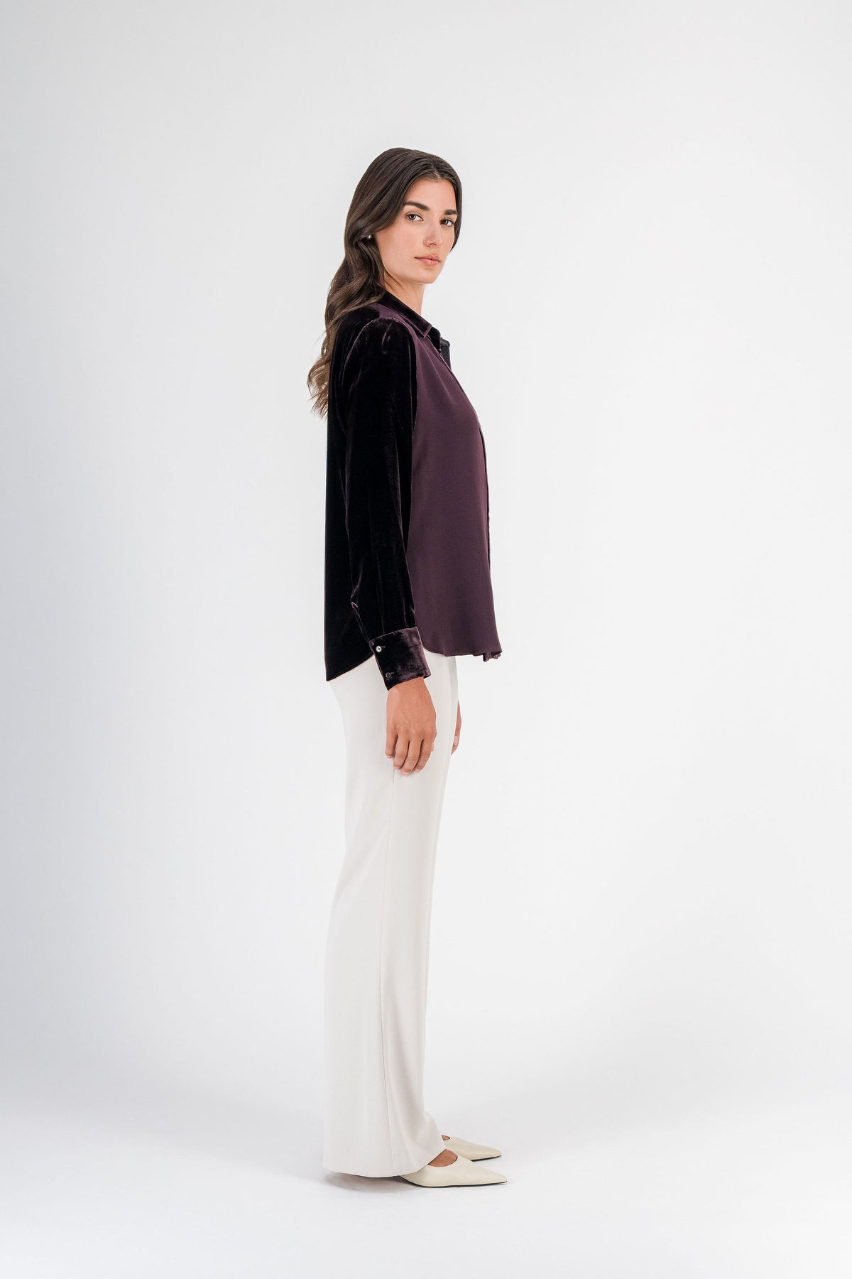 Chemise bi-matière soie et velours grenat