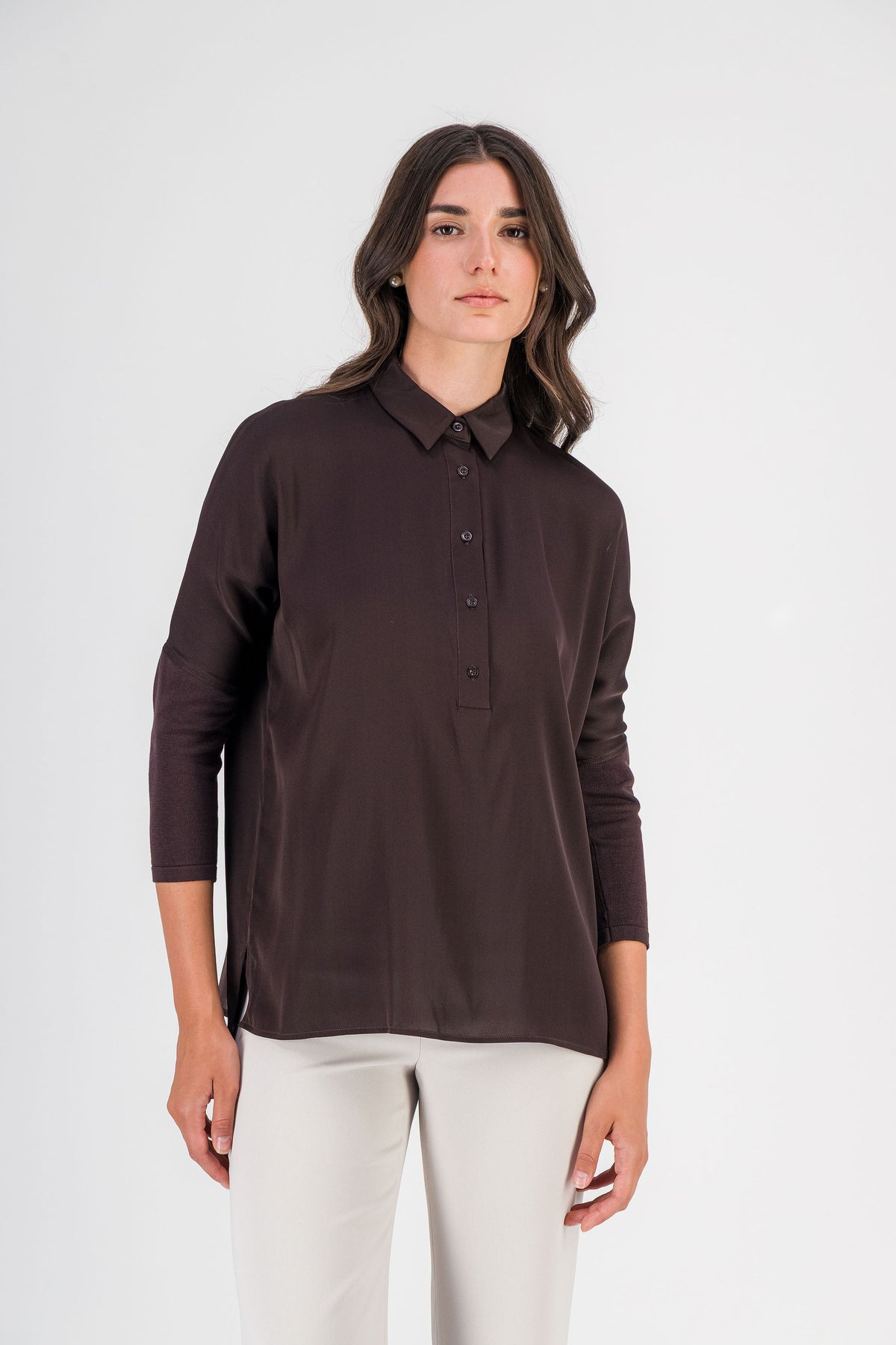 Tunique en soie et maille marron foncé