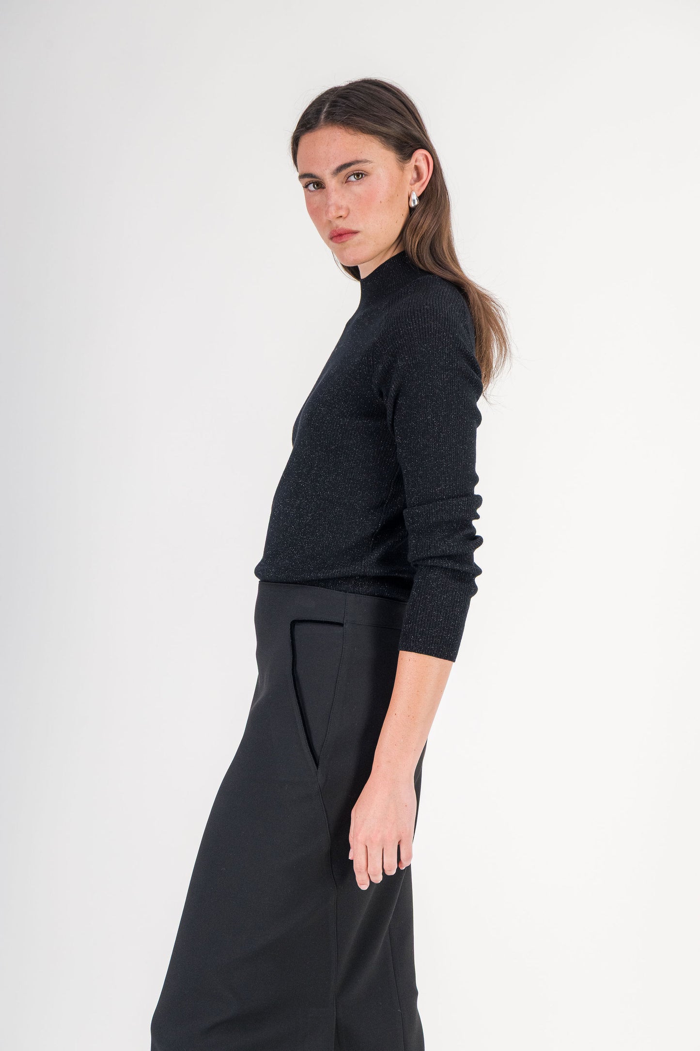 Jupe droite taille haute à découpes en tissu stretch noire