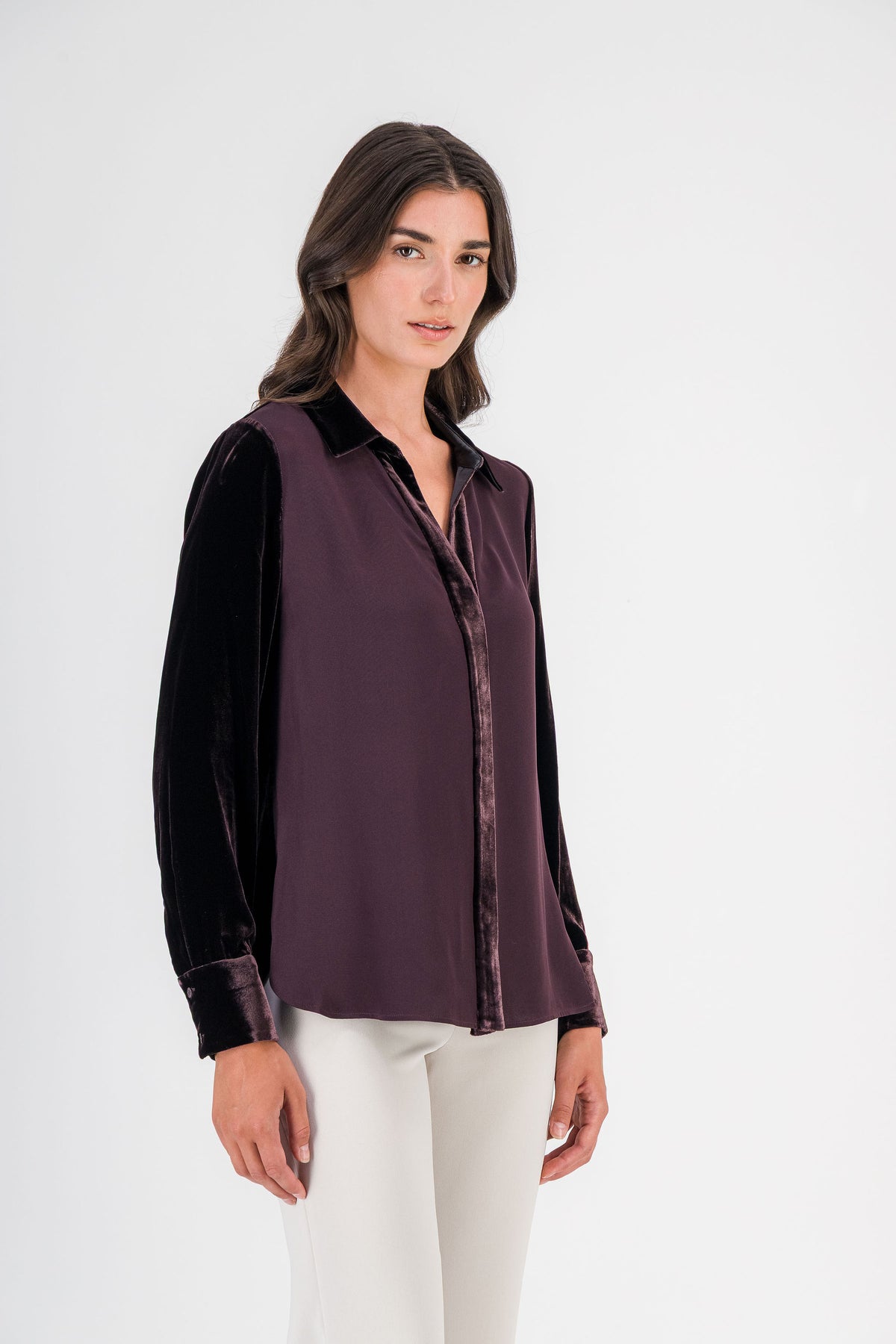 Chemise bi-matière soie et velours grenat