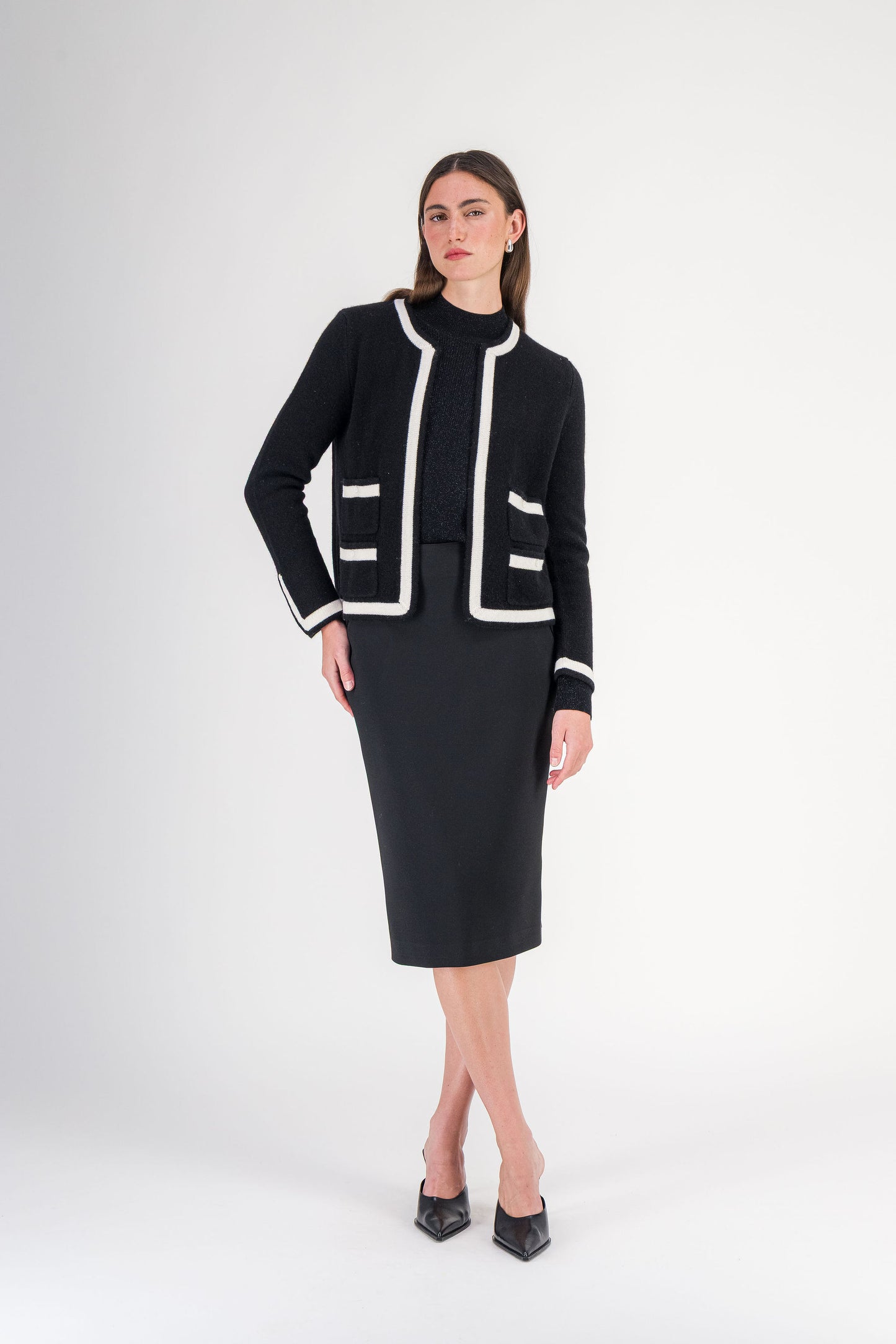 Jupe droite taille haute à découpes en tissu stretch noire