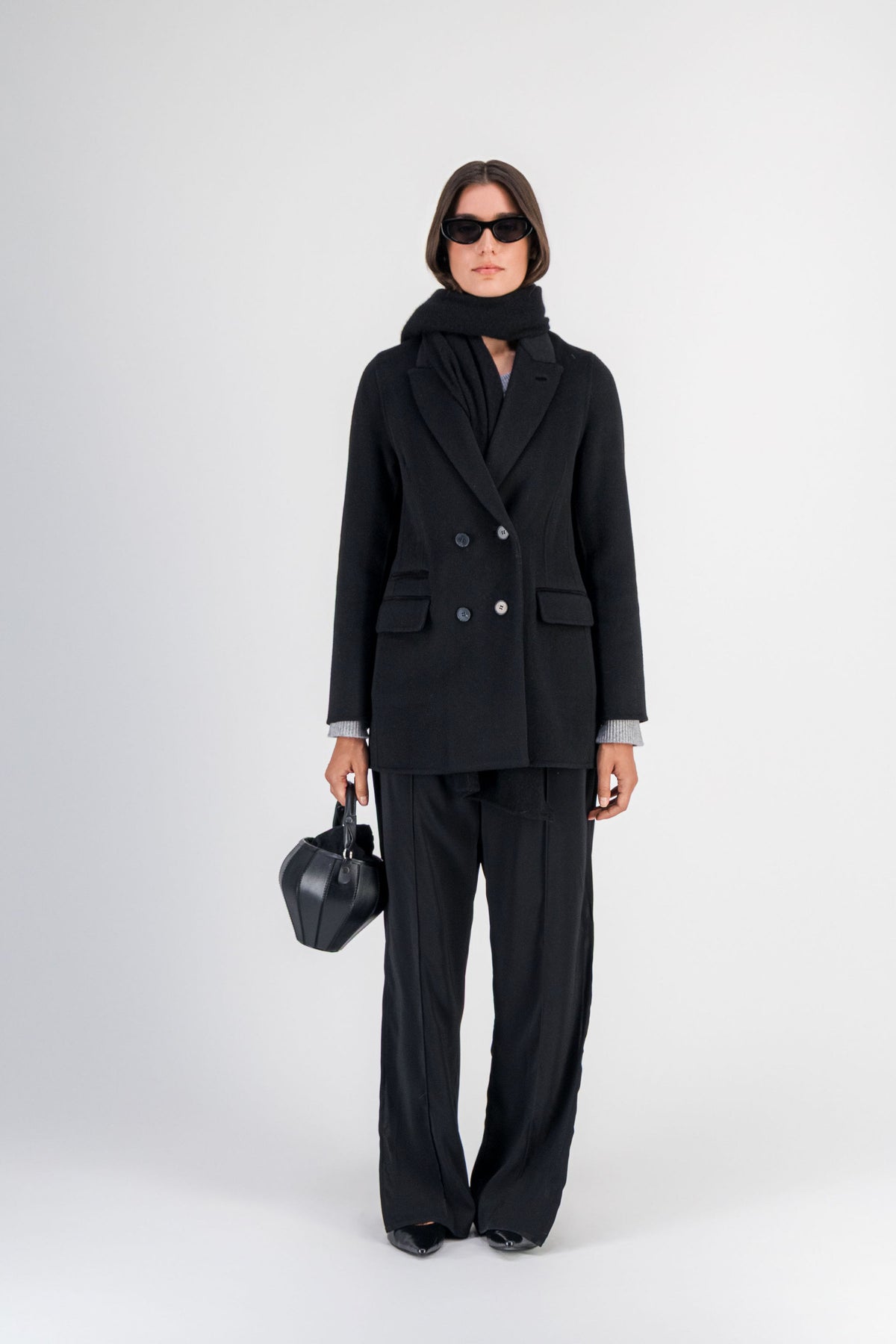 Manteau croisé ajusté en laine et cachemire noir