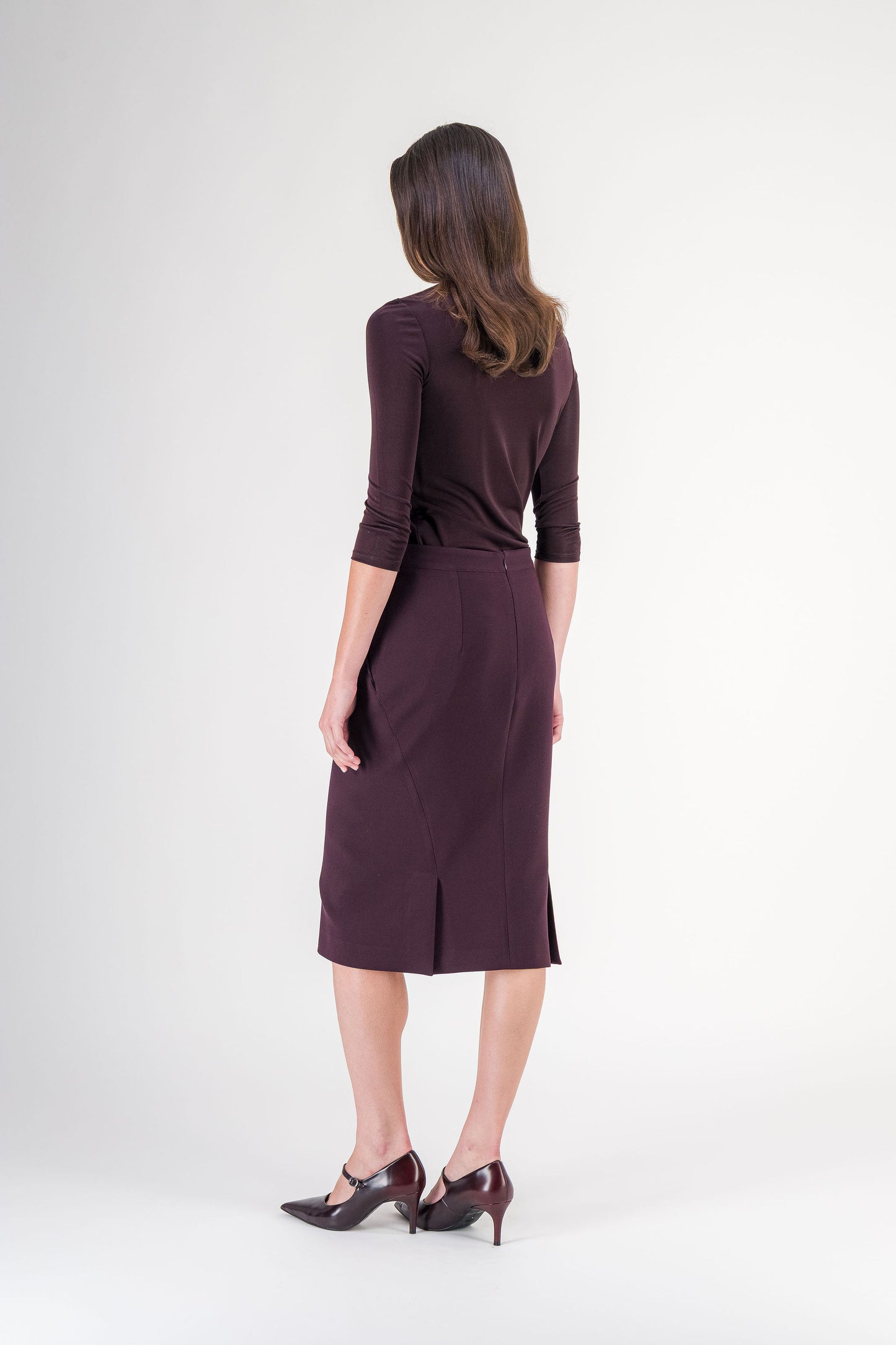 Jupe droite taille haute à découpes en tissu stretch grenat