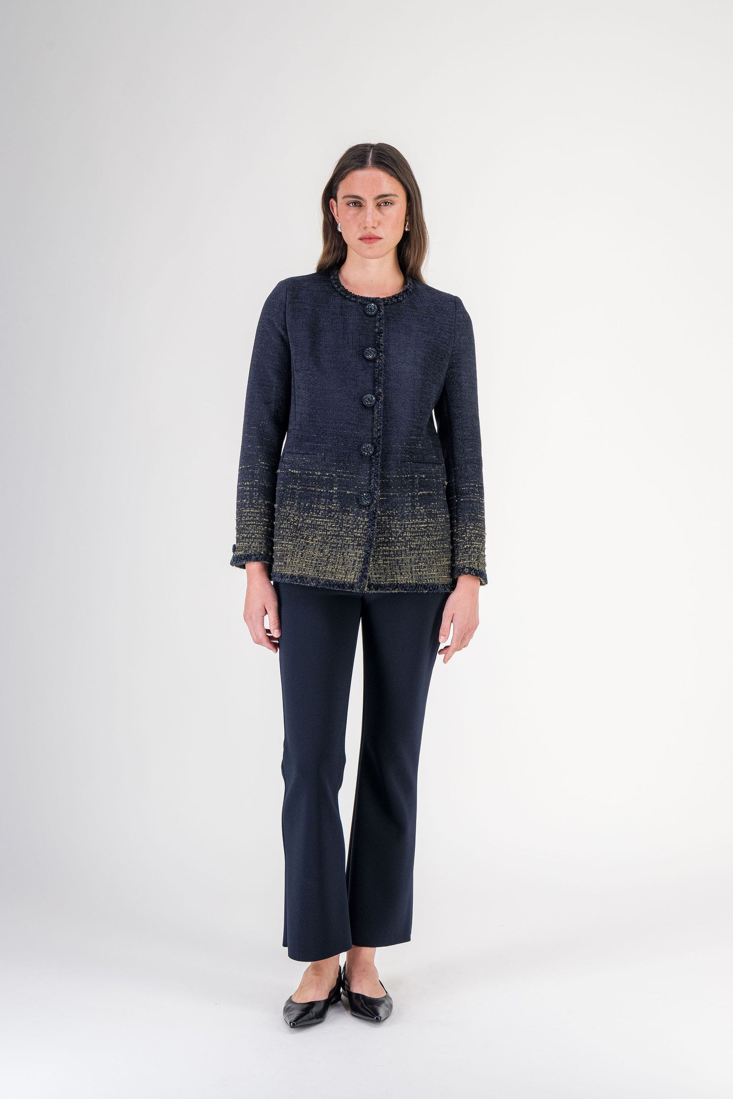 Veste légèrement cintrée à galons tressés en tweed marine