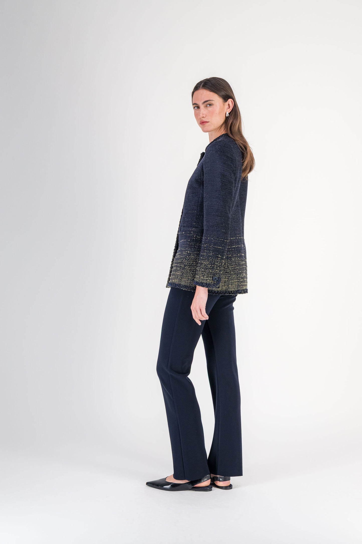 Veste légèrement cintrée à galons tressés en tweed marine