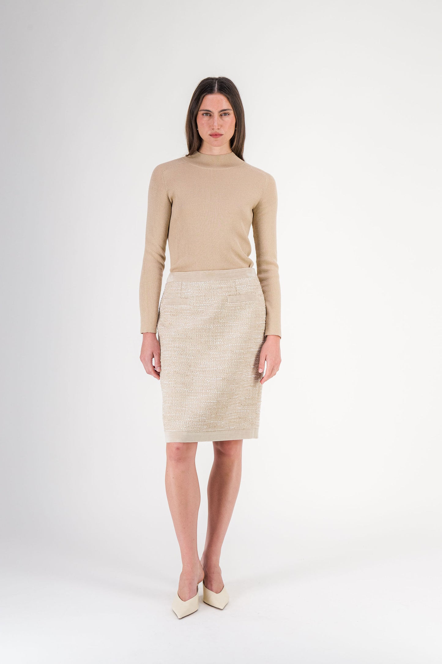 Pull long en laine mérinos avec détails hotfix beige moyen
