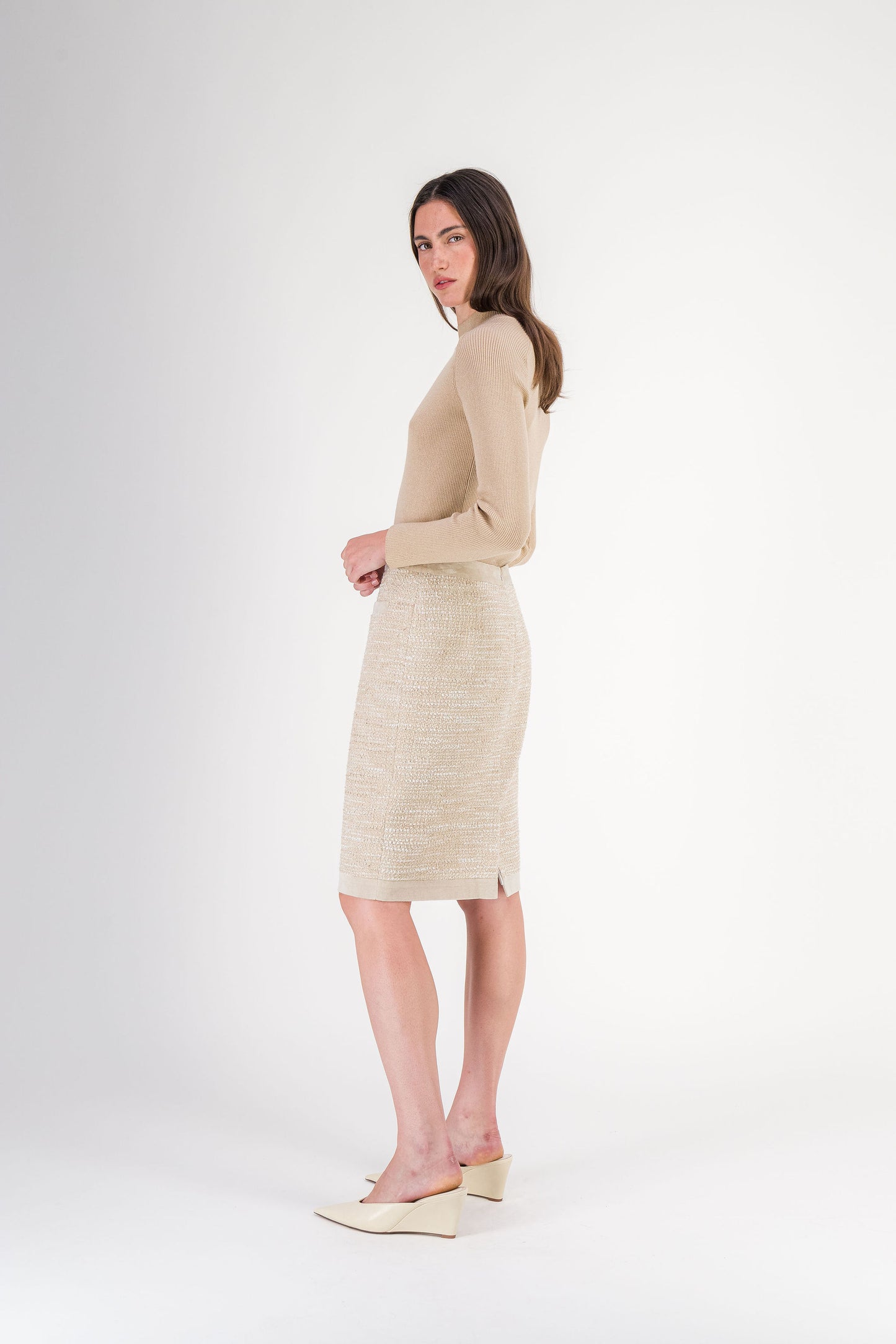 Pull long en laine mérinos avec détails hotfix beige moyen