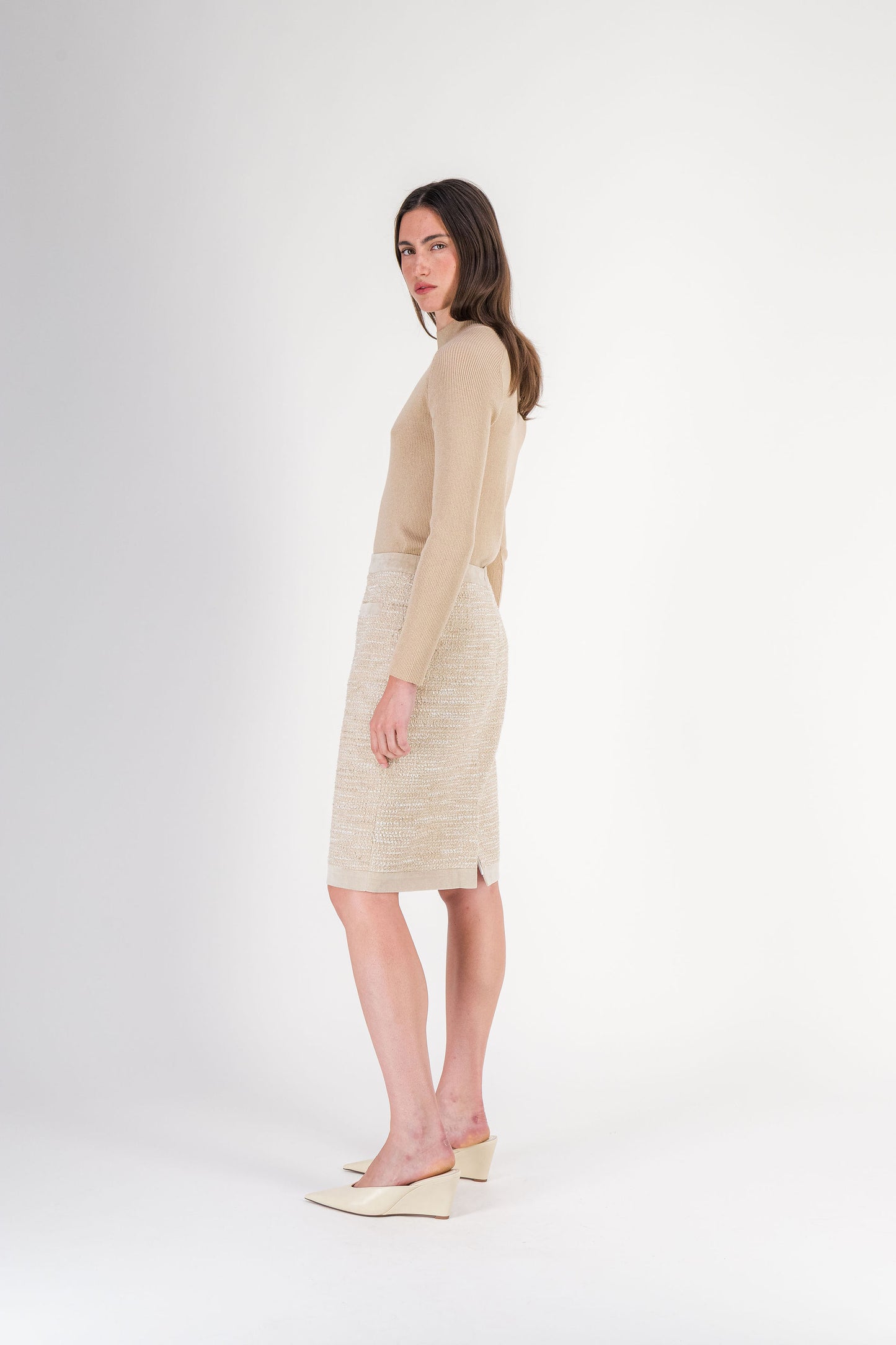 Pull long en laine mérinos avec détails hotfix beige moyen