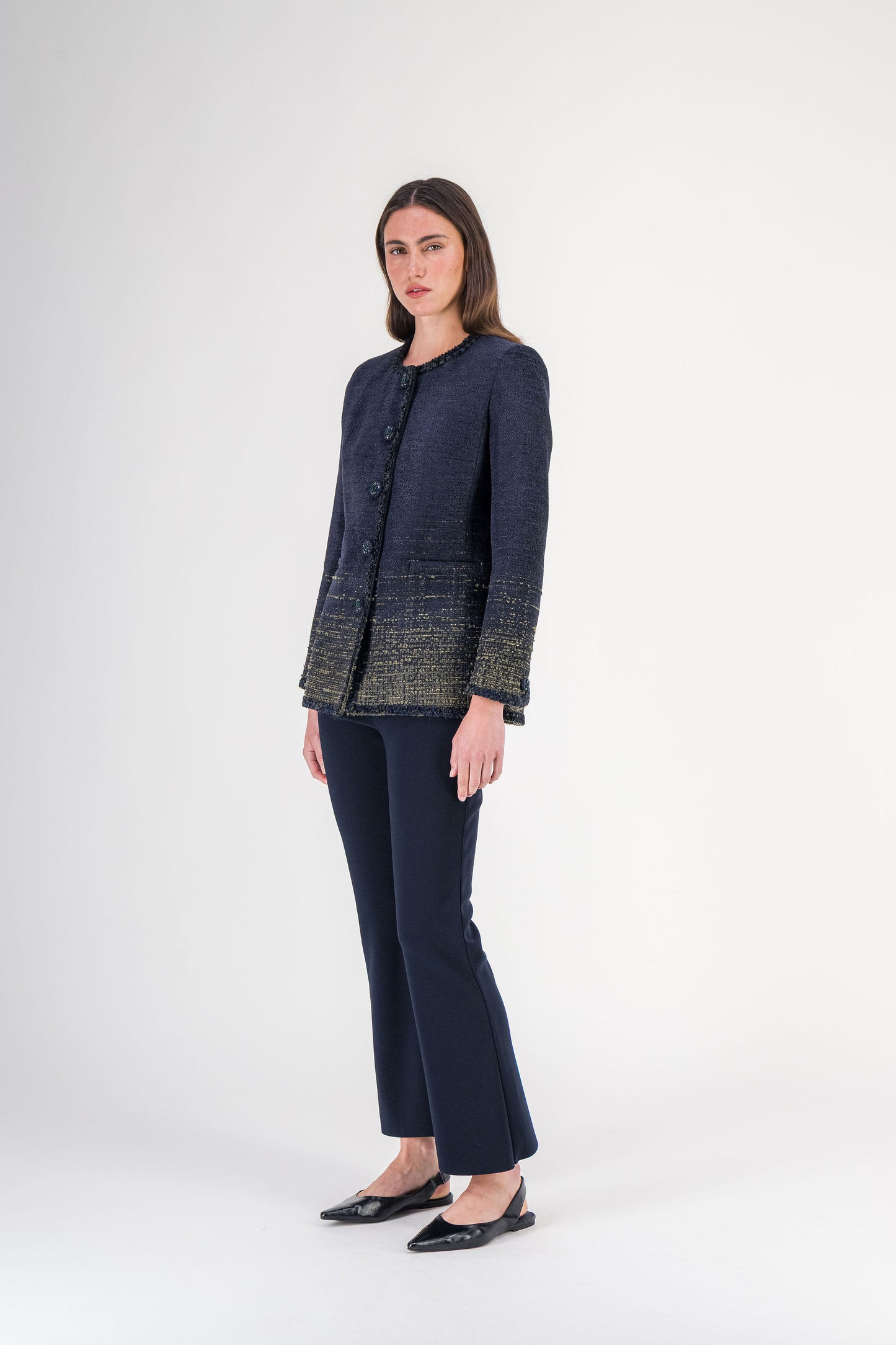 Veste légèrement cintrée à galons tressés en tweed marine