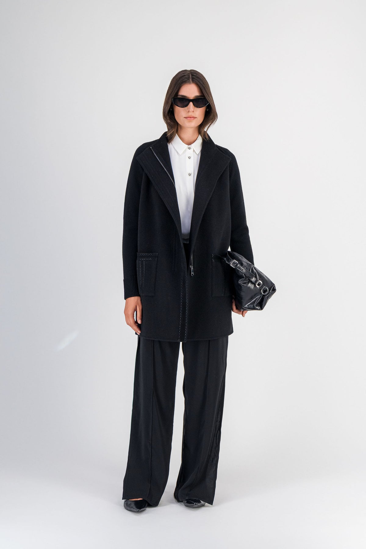 Manteau bi-matière double face et maille noir