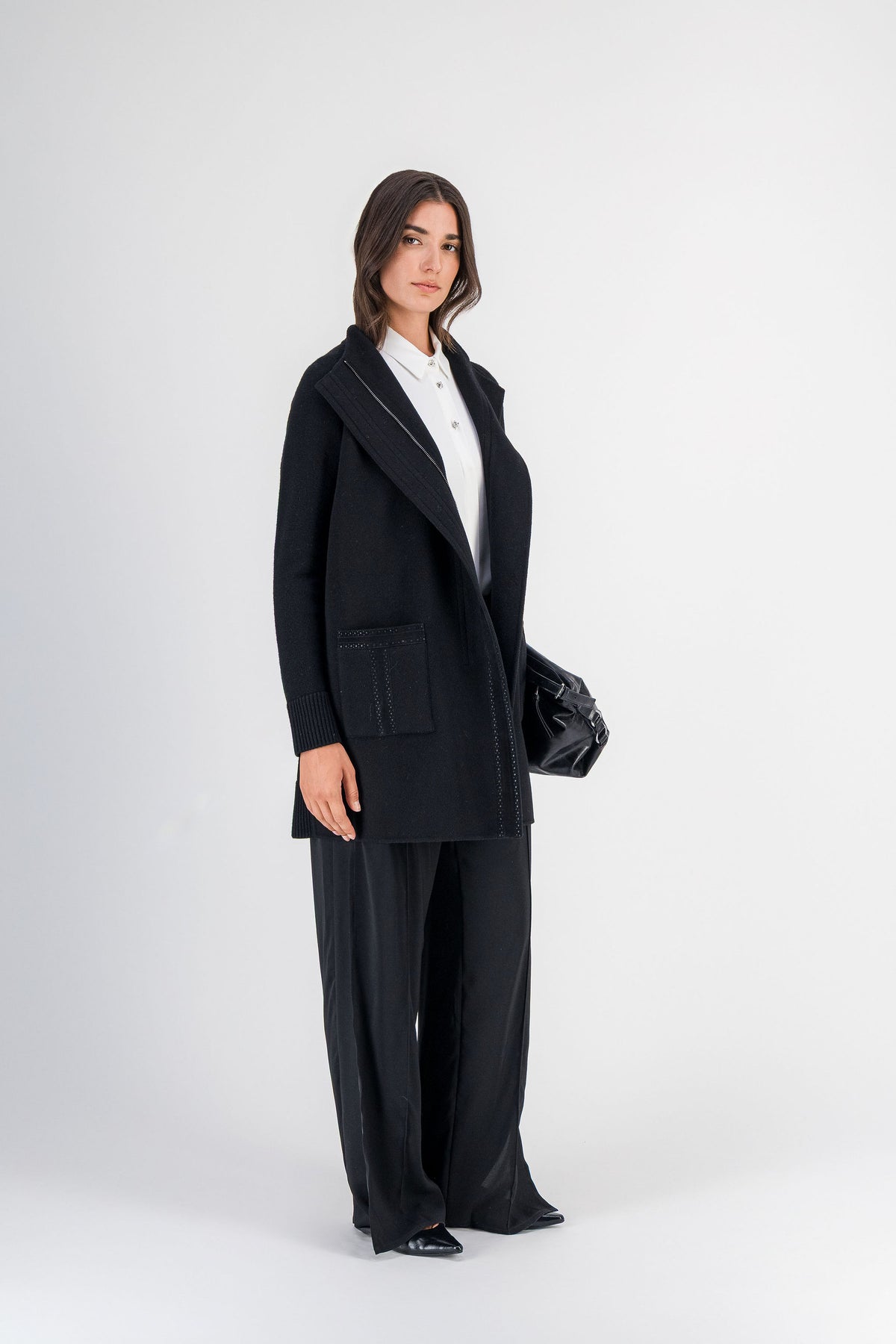 Manteau bi-matière double face et maille noir