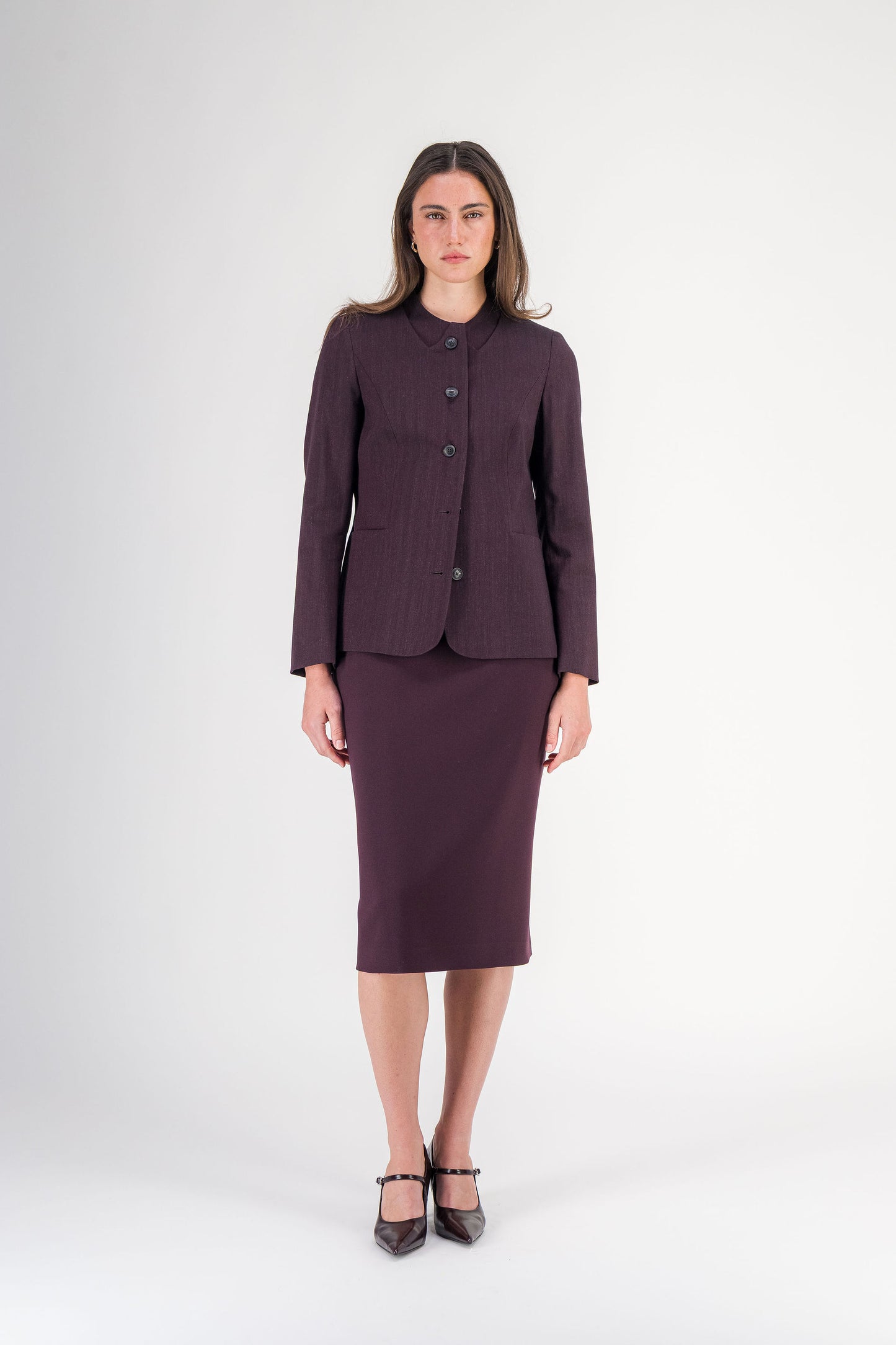 Jupe droite taille haute à découpes en tissu stretch grenat