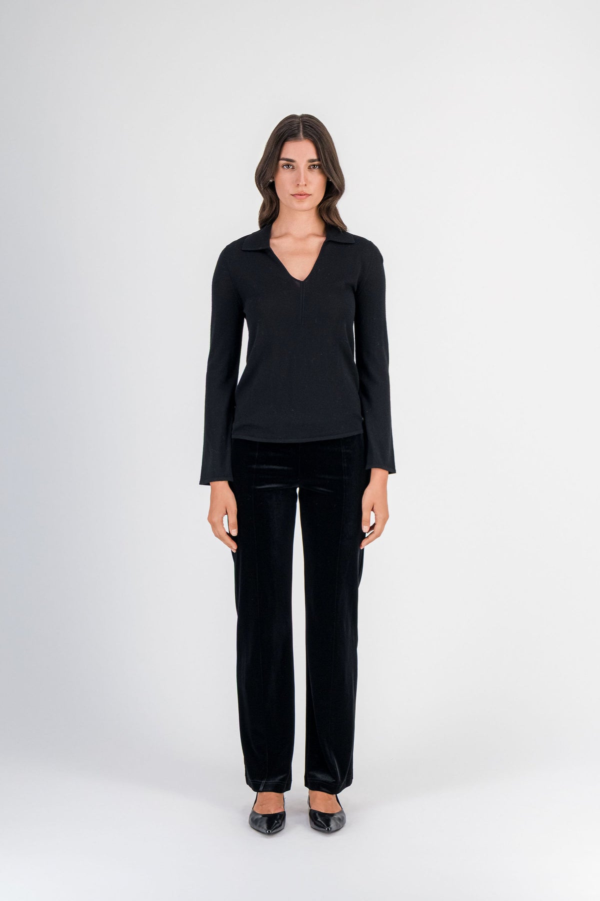 Top en mérinos col polo noir